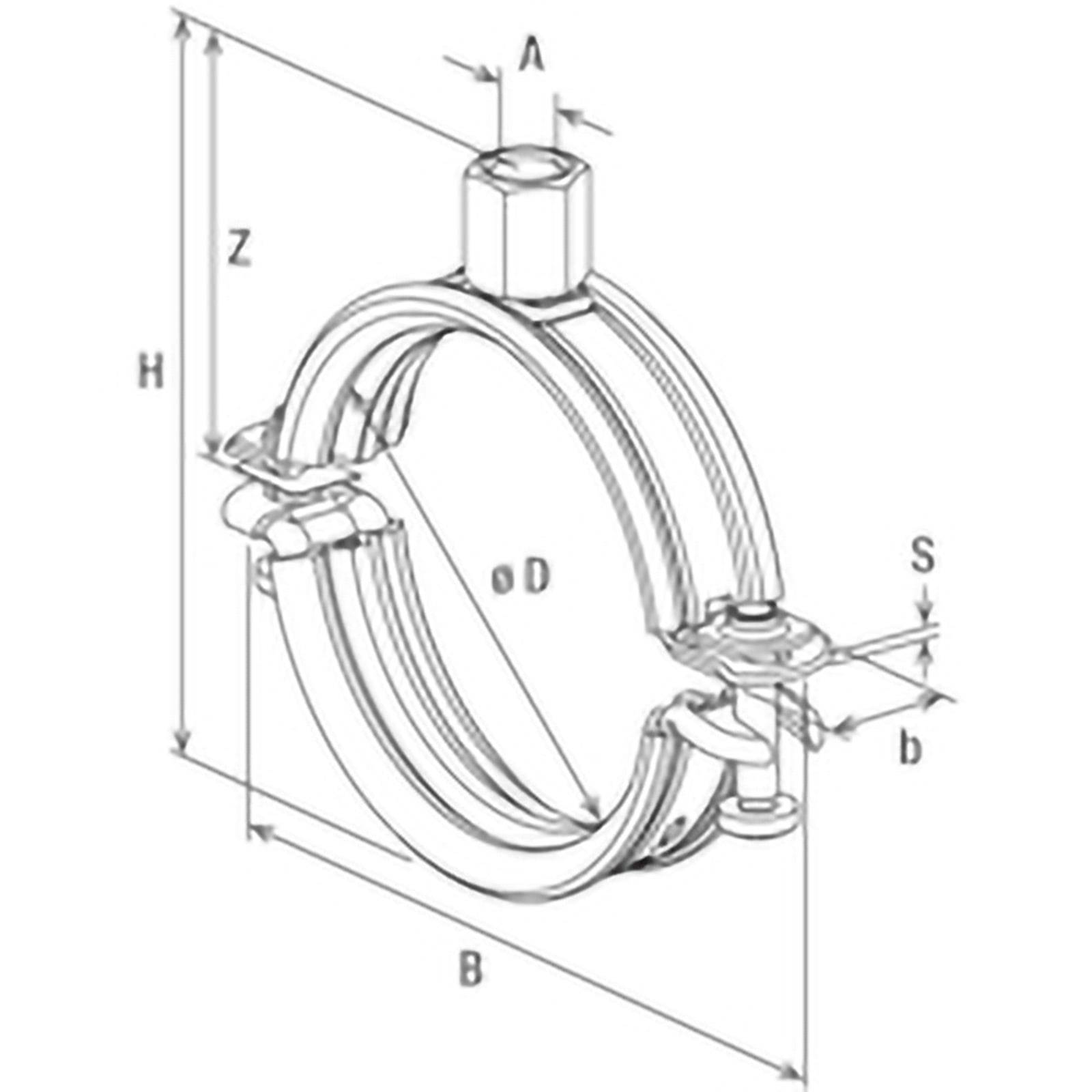 Technische Zeichnung einer Klemmvorrichtung mit beschrifteten Abmessungen: A, H, Z, D, B, S und b. Zeigt Struktur und Maße für Herstellung oder Montage.