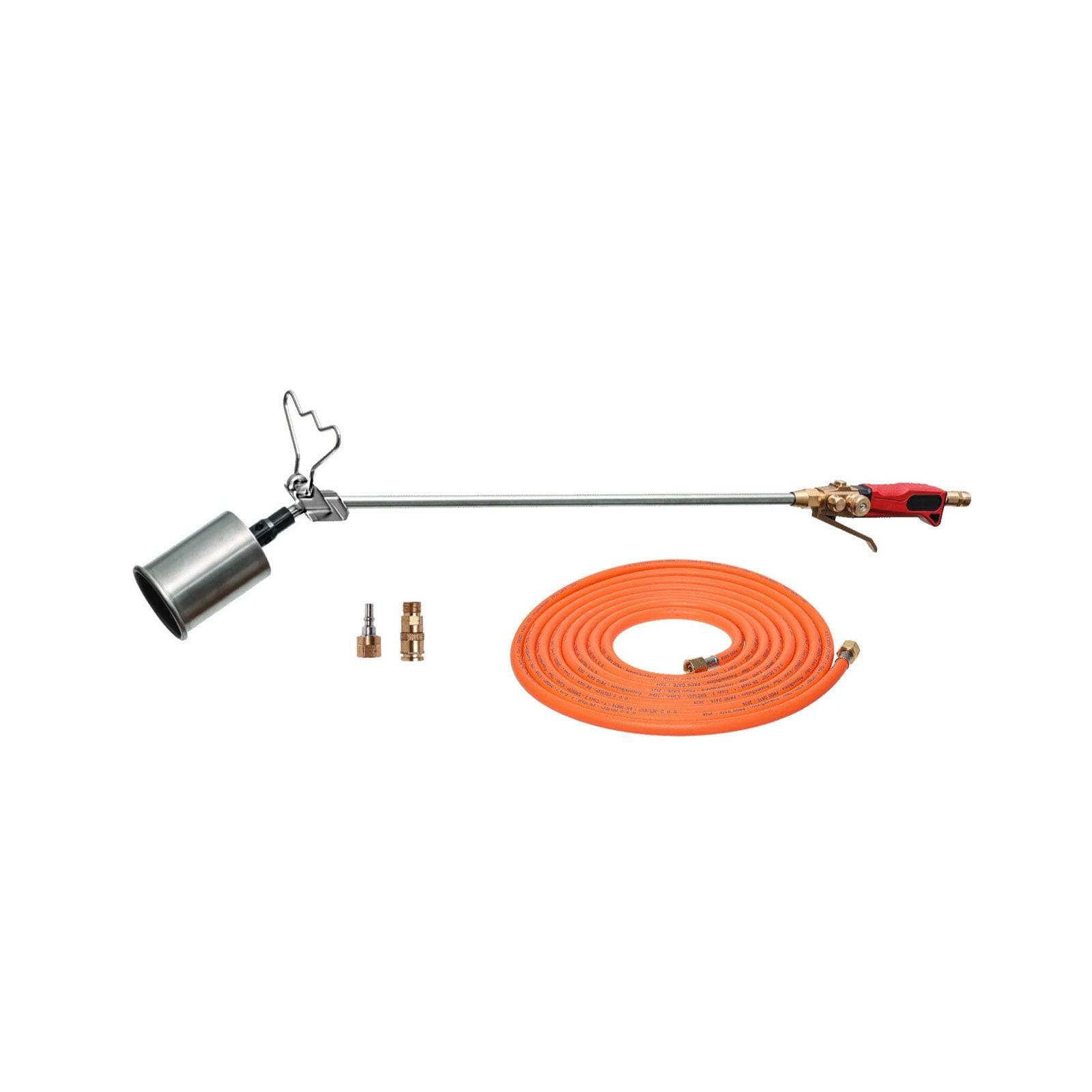 Ein Propanbrenner-Set mit einem Metallbrenner-Aufsatz, einem langen Griff, einem orangefarbenen Schlauch und zwei Messingverbindern.