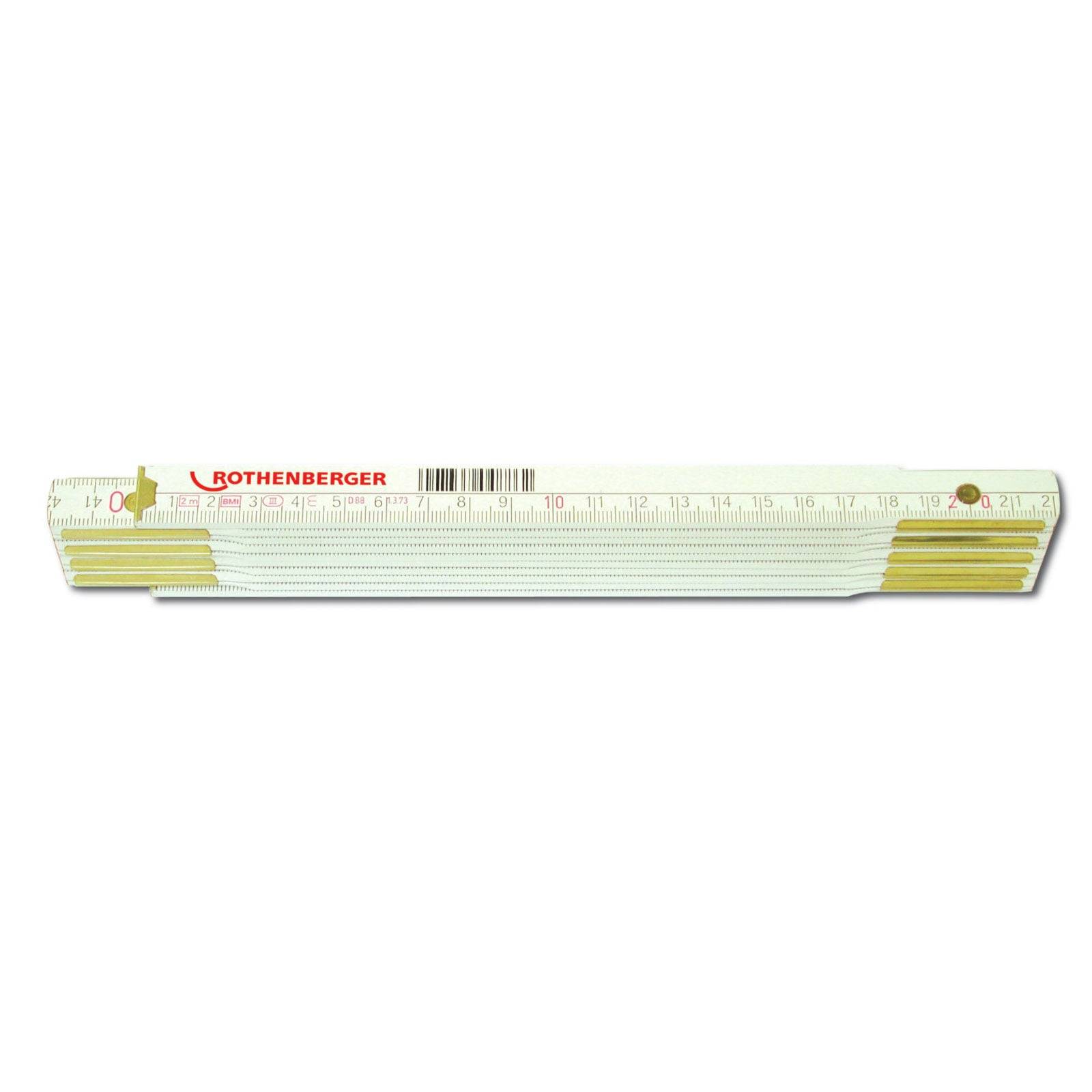 Ein ausgeklappter Zollstock, der vollständig ausgefahren ist und Messungen in Zentimetern zeigt. Der Zollstock ist weiß gefärbt mit messingfarbenen Gelenken und der Markenbezeichnung 'Rothenberger'.