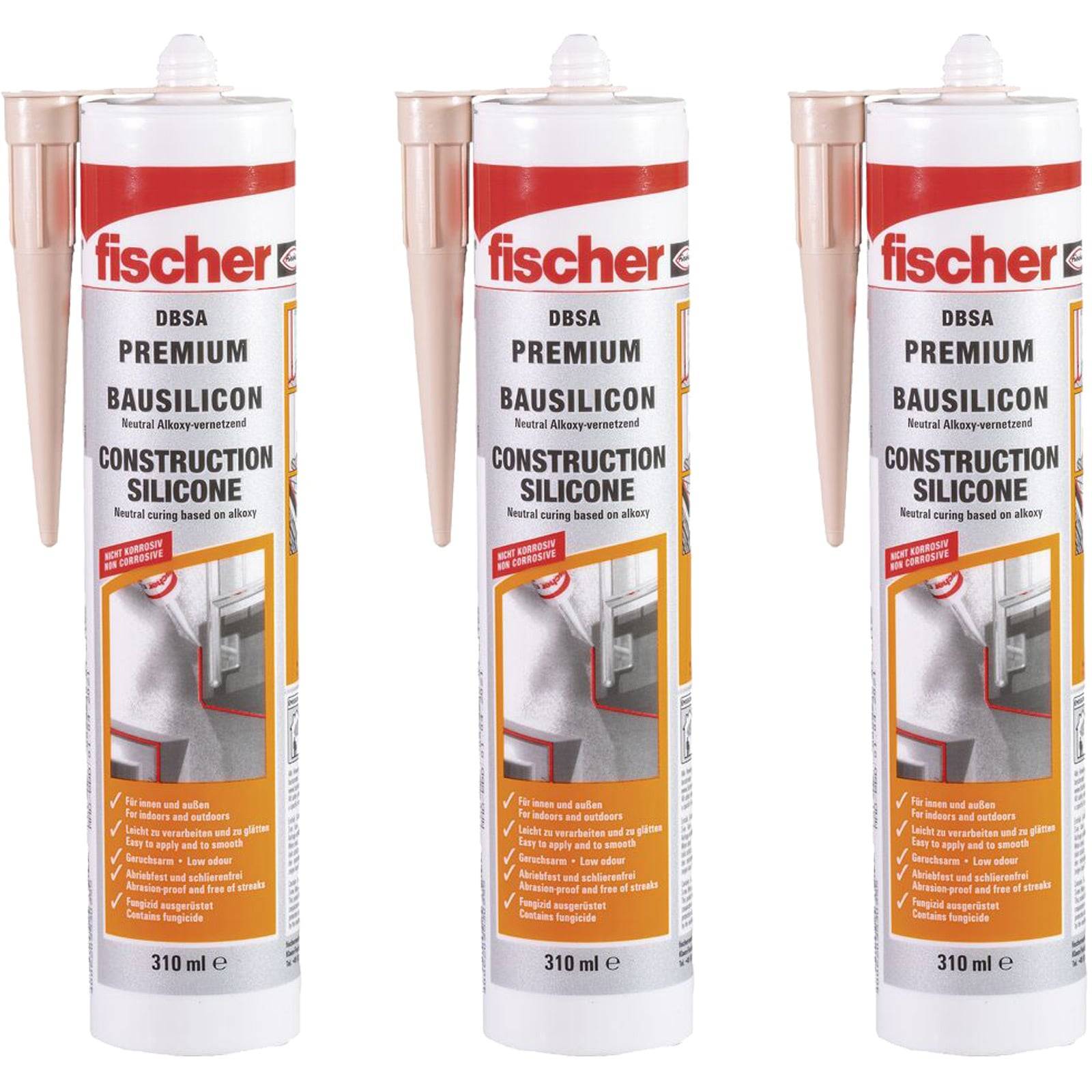 Drei Röhren Fischer Premium-Konstruktionssilikon, mit dem Etikett 'DBSA BAUSILICON' versehen, mit aufgesetzten Düsen, für Dichtungszwecke konzipiert.