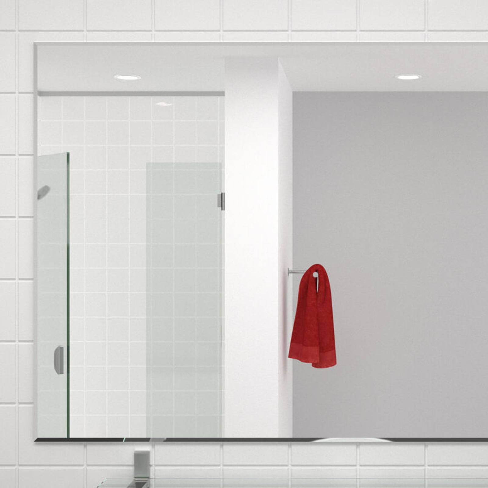 Eine Glasdusche mit geschlossener Tür und einem roten Handtuch, das an einer weißen Wand in einem modernen Badezimmer hängt.