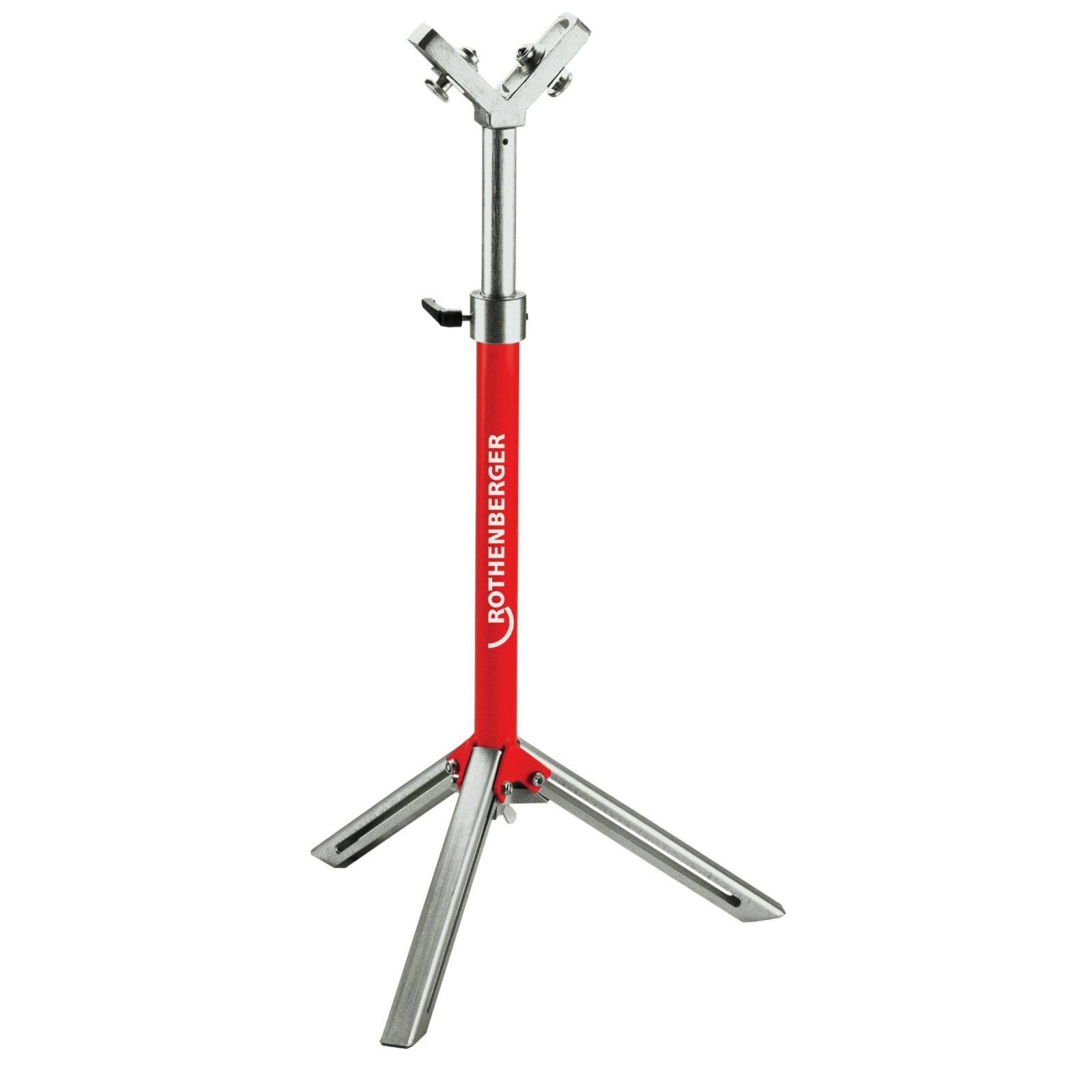 Ein Metallstativ mit einer roten Zentralsäule, die mit 'Rothenberger' beschriftet ist, ausgestattet mit verstellbaren Stützen und konzipiert zum Halten schwerer Gegenstände.