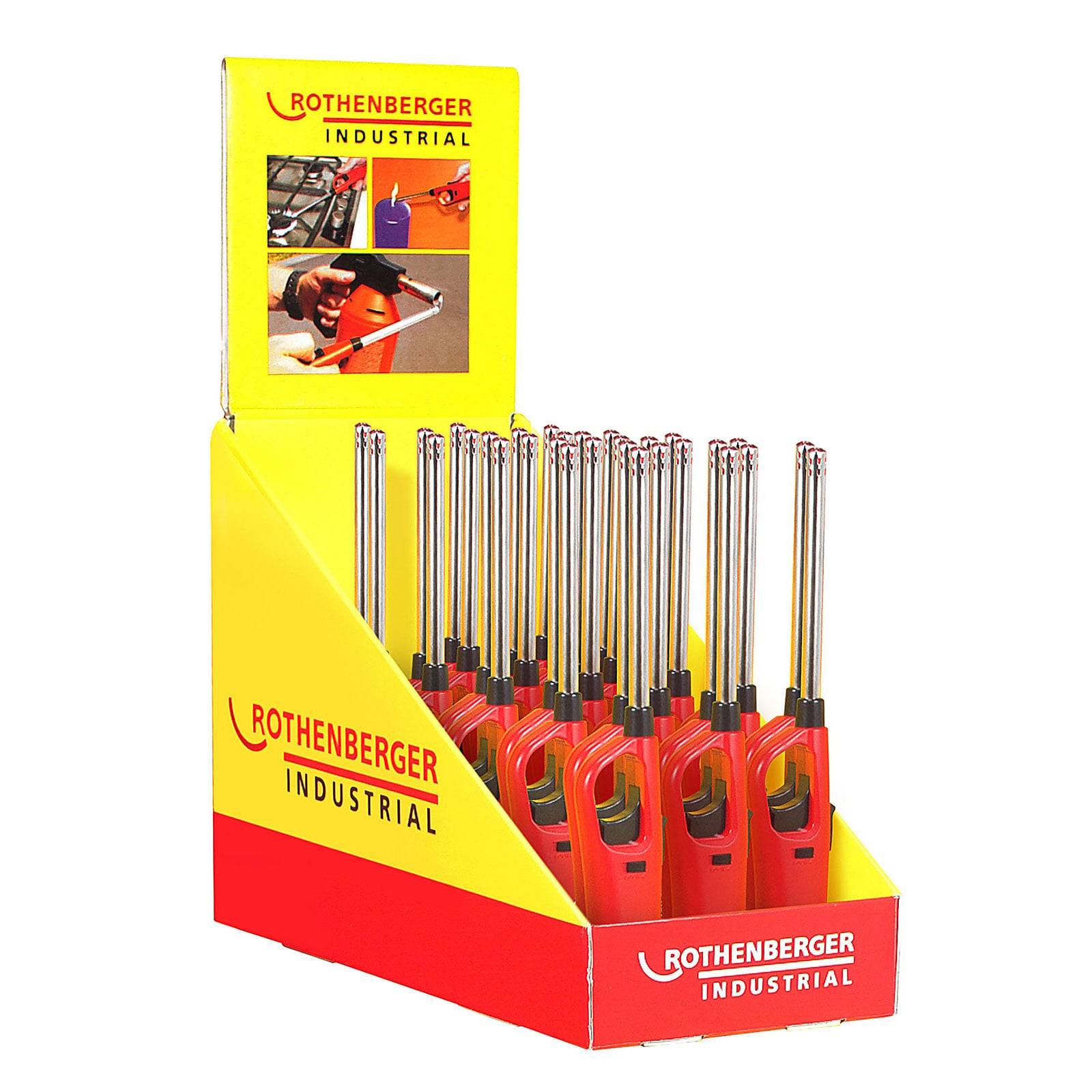 Rothenberger Industrial Präsentationsständer mit ordentlich angeordneten roten und schwarzen Mehrzweck-Feuerzeugen.