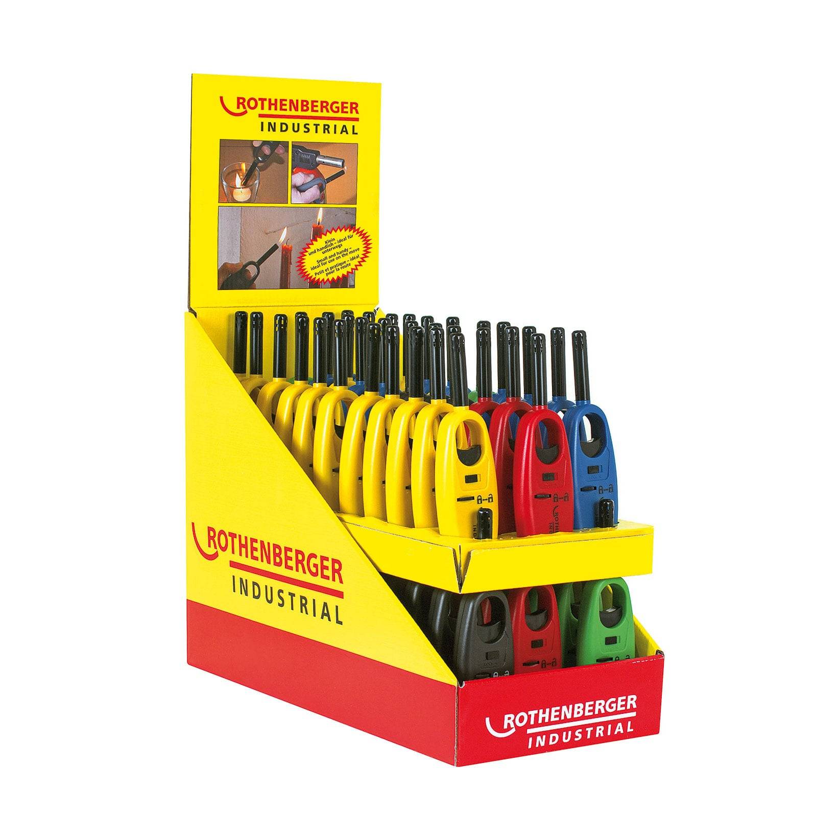 Präsentation von Rothenberger Industrial Feuerzeugen in verschiedenen Farben, angeordnet in einer Verkaufsbox. Eine kleine Collage von Bildern zeigt das Produkt in Gebrauch.