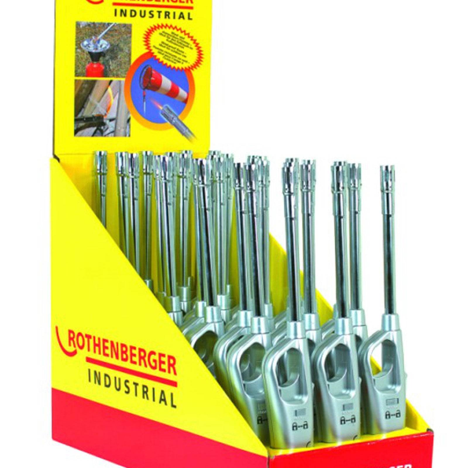 Rothenberger Industrial' Feuerzeuge in langer Ausführung, in einem gelb-roten Ständer präsentiert, mit mehreren silbernen Feuerzeugen aufrecht angeordnet.