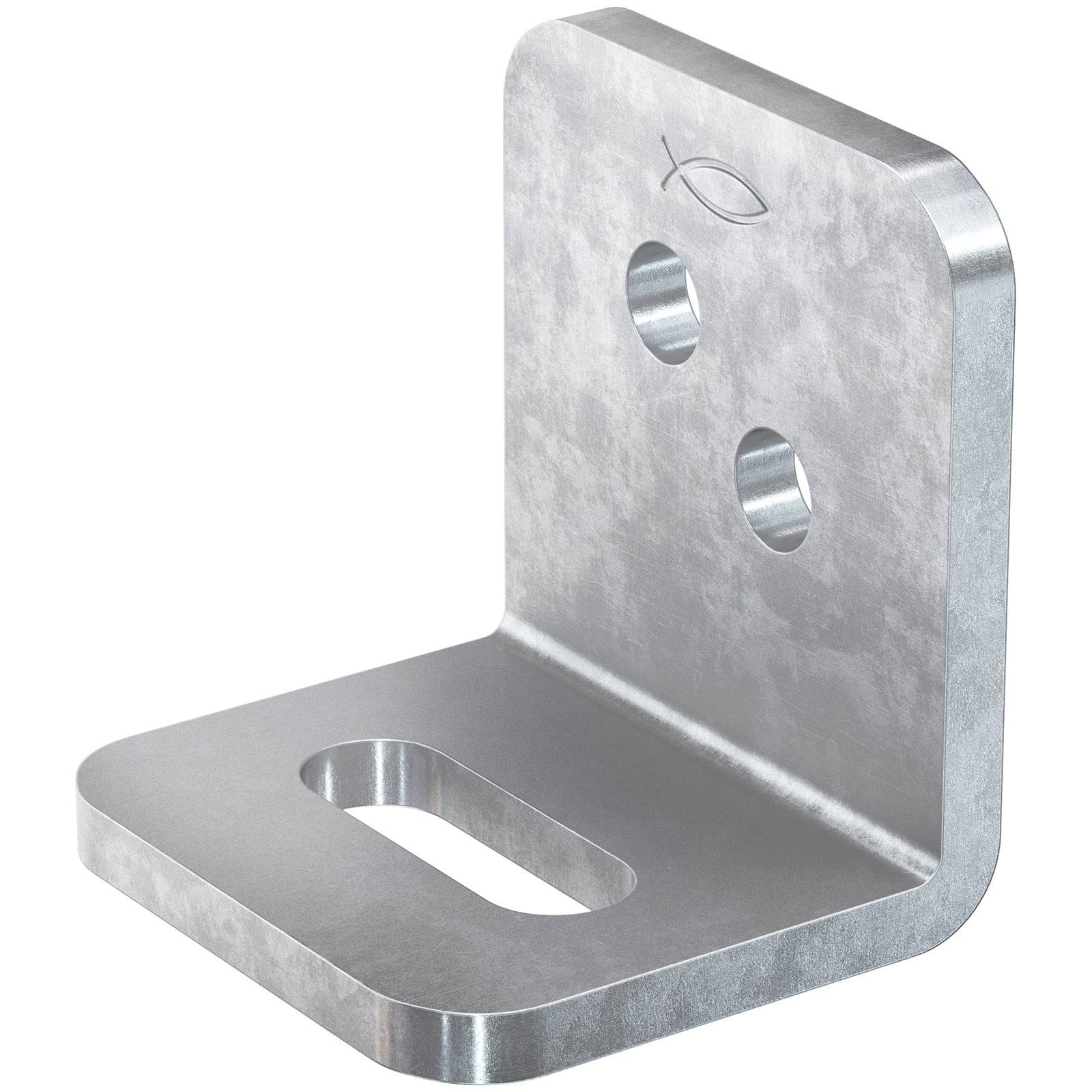L-Winkel aus Metall mit drei Löchern: zwei rund und eines oval.