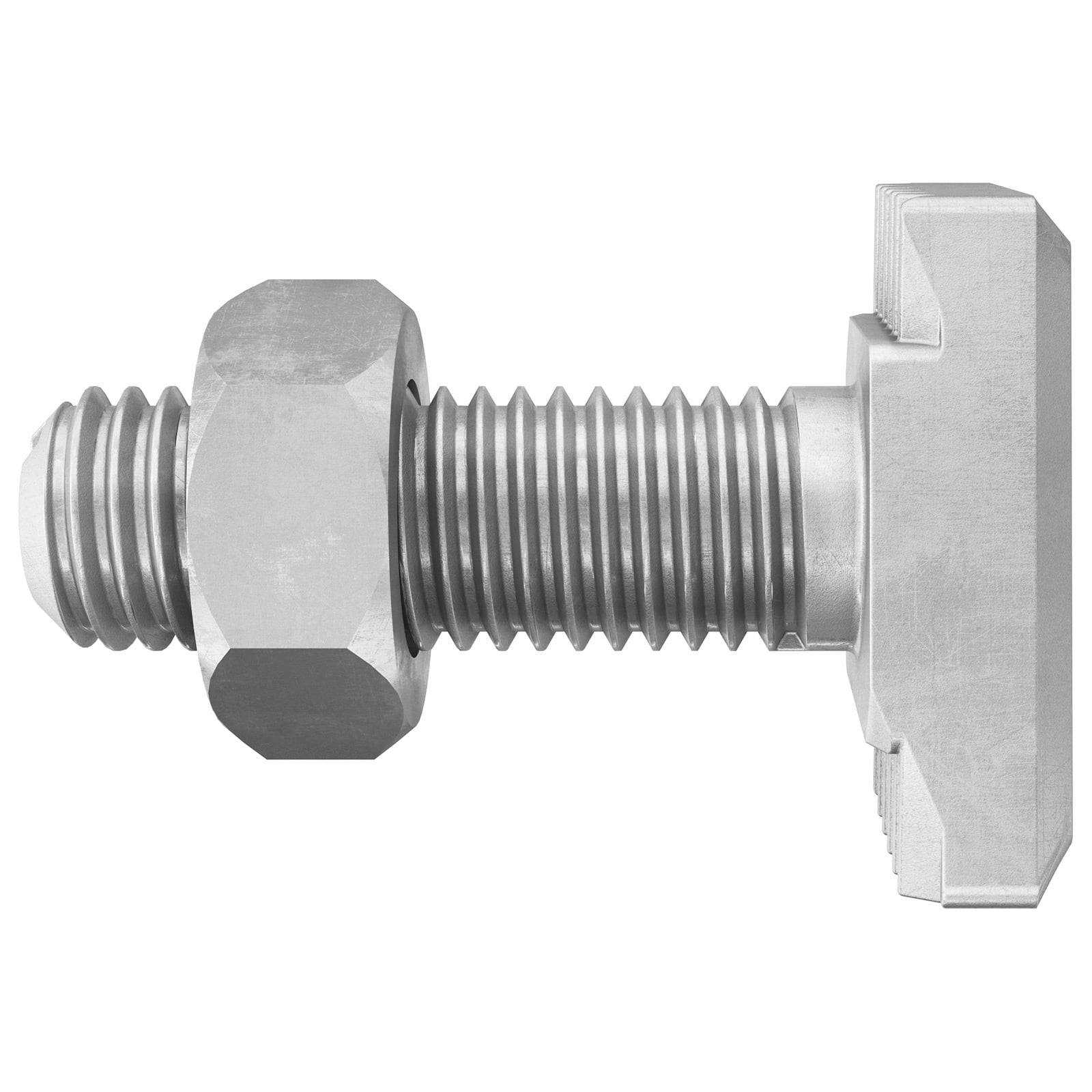 Eine Metallsechskantschraube mit einer Scheibe und einem breiten, quadratisch abgesetzten Kopf, geeignet für Strukturverbindungen, von der Seite betrachtet.