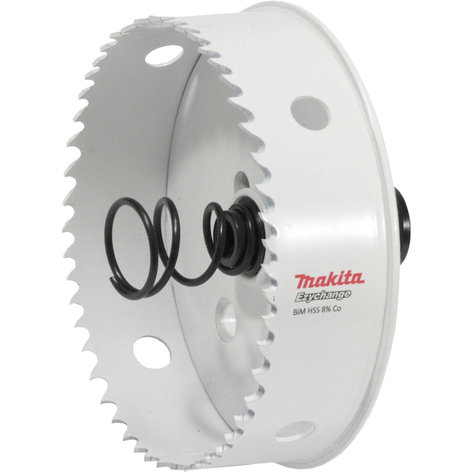 Eine weiße Makita Lochsäge mit einer Spiralfeder in der Mitte, die zum Schneiden von Löchern in verschiedenen Materialien verwendet wird.
