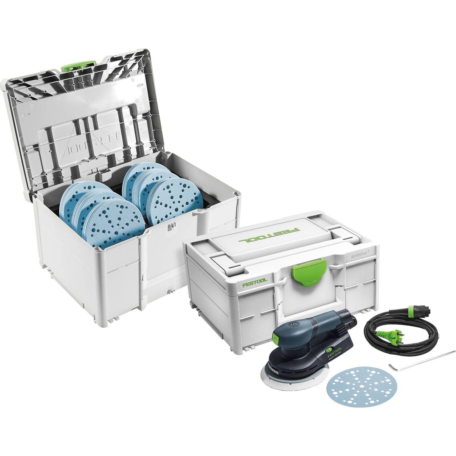 Festool Schleifgerät-Set mit Schleifscheiben und Schutzkoffer. Enthält einen Schleifer, stapelbare Behälter, Scheiben und ein Netzkabel.