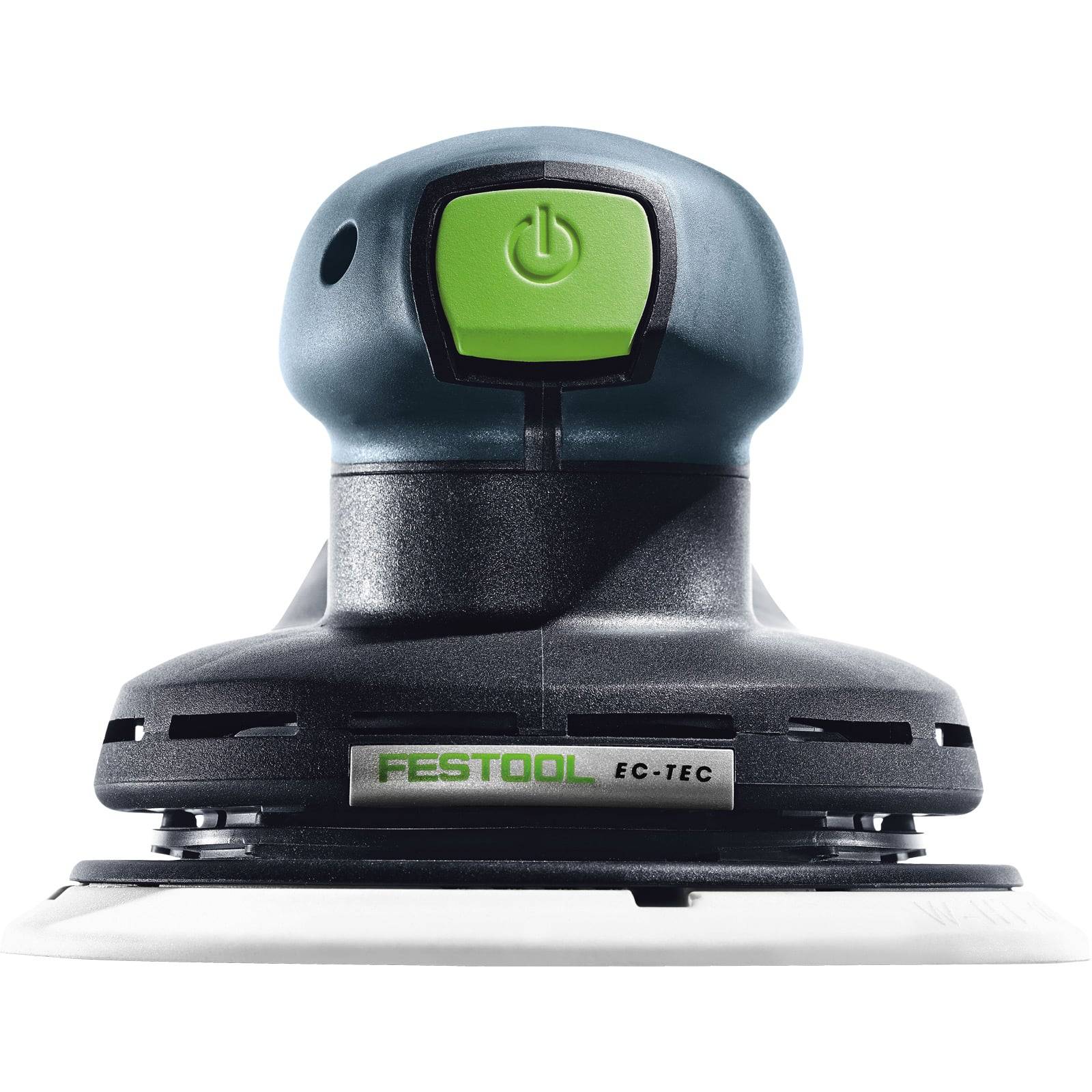Ein Festool EC-TEC Exzenterschleifer mit einem grünen Einschaltknopf, von vorne betrachtet. Der Markenname ist deutlich sichtbar.