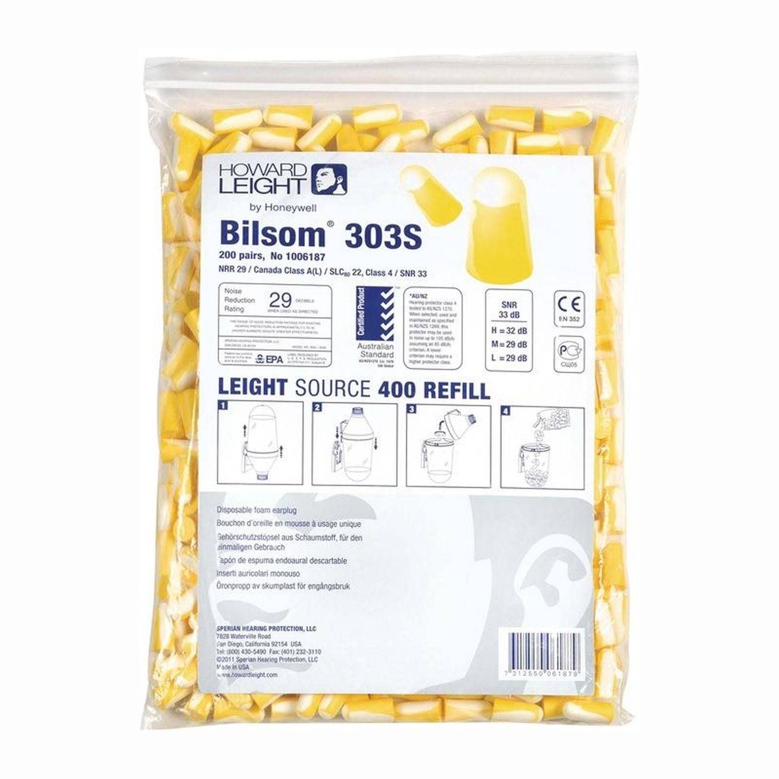 Bilsom 303S Gehörschutzstöpsel-Nachfüllpack, 200 Paar. Gelbe Stöpsel, 29 NRR. Kompatibel mit Leight Source 400 Spender.