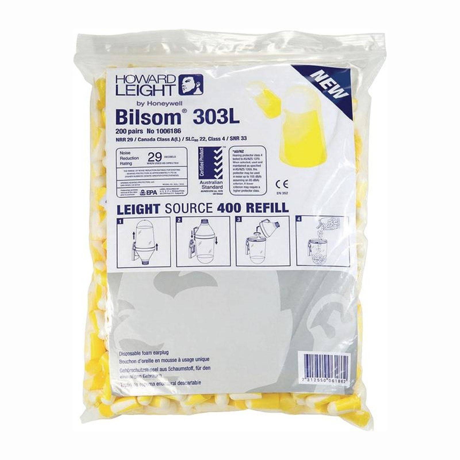 Howard Leight Bilsom 303L' Ohrstöpsel-Packung. Enthält 200 Paare. NRR 29, Klasse A(L), S3, ANSI S12.6 Schutz. Visuelle Darstellung des Ohrstöpsel-Designs.
