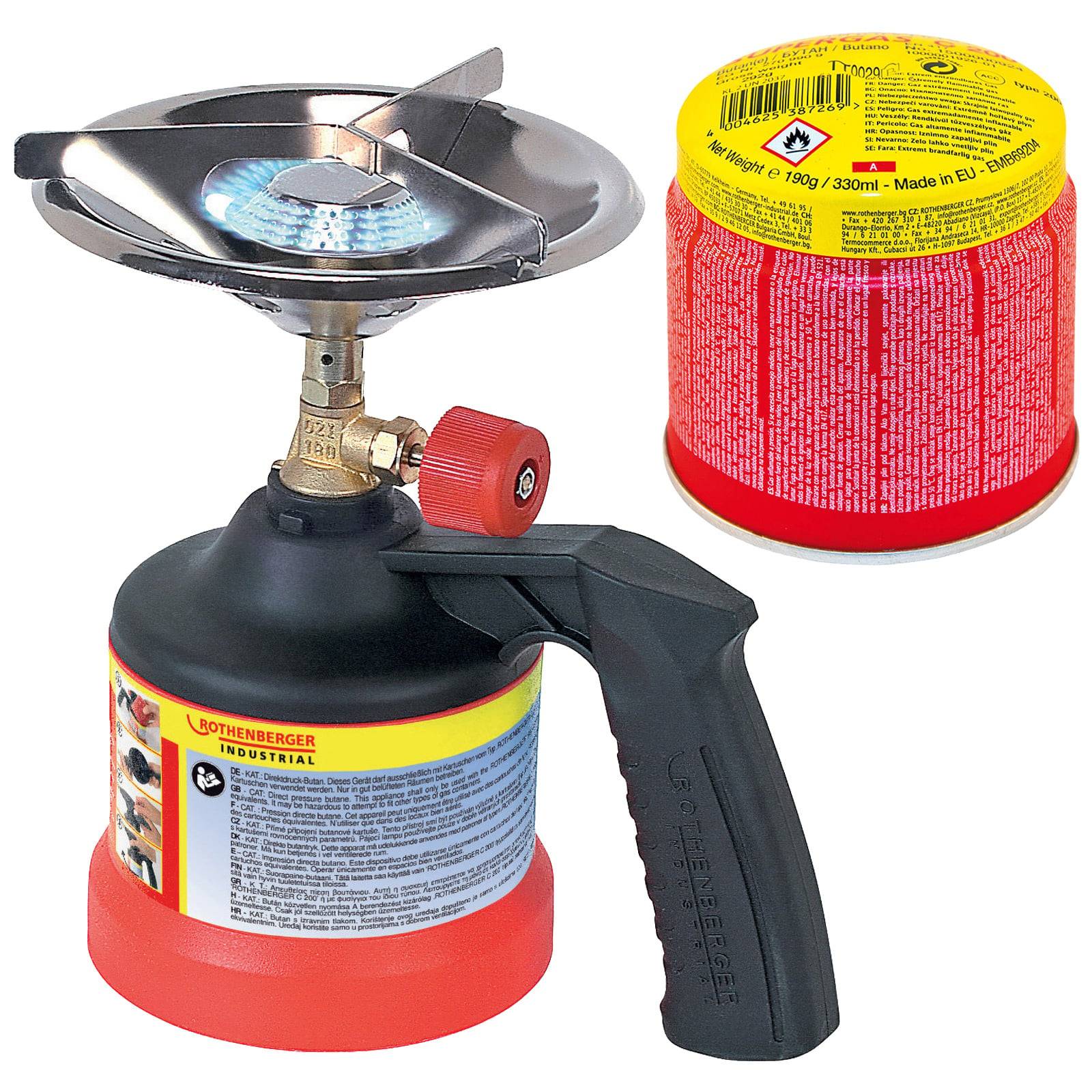 Tragbare Gasbrenner mit schwarzem Griff, roter Basis und abnehmbarer Gaskartusche. Blaue Flamme am Brenner sichtbar, geeignet für industrielle Anwendungen.