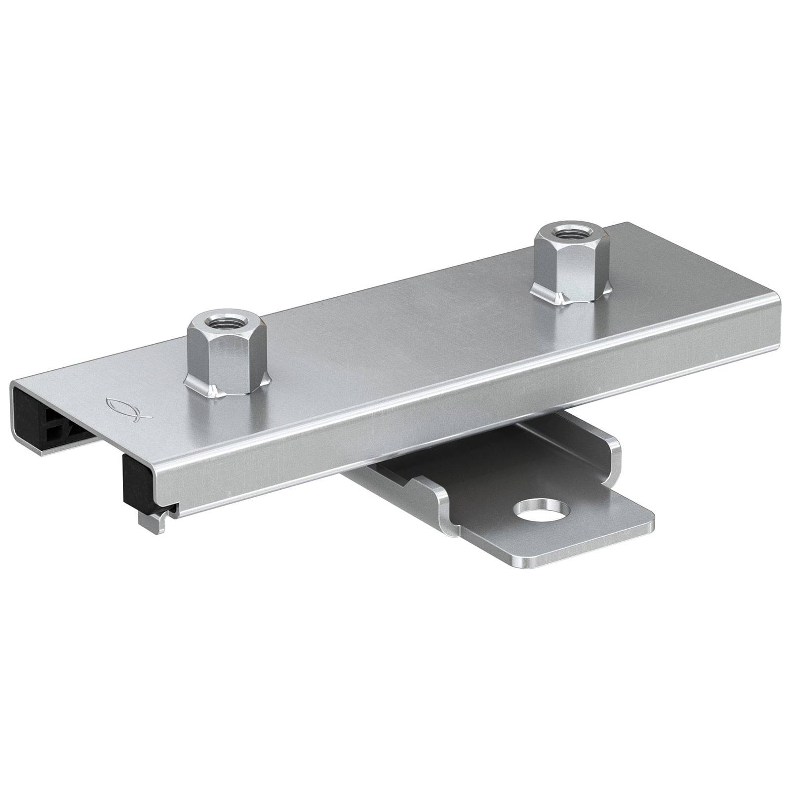 Eine metallische Befestigungshalterung mit zwei Sechskantschrauben, konzipiert zum Sichern von Objekten, mit einem Kanal und einem Loch zur Befestigung.