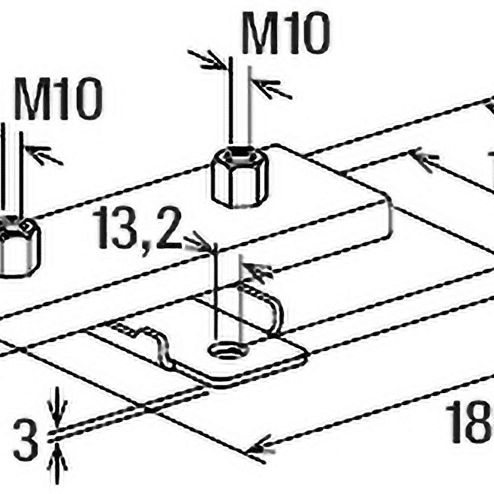 Technische Zeichnung mit Abmessungen: Metallplatte mit zwei 'M10' Bolzen oben, 13,2 Länge, 3 Höhe und einem Loch mit 18 Durchmesser.