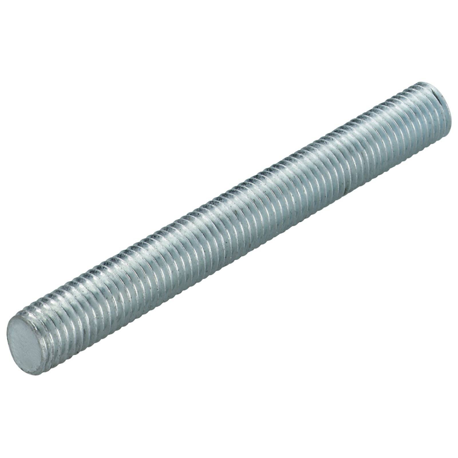 Eine metallische Gewindestange, zylindrisch und silberfarben, die zum Verbinden von Komponenten in Bau- oder mechanischen Montagen verwendet wird.