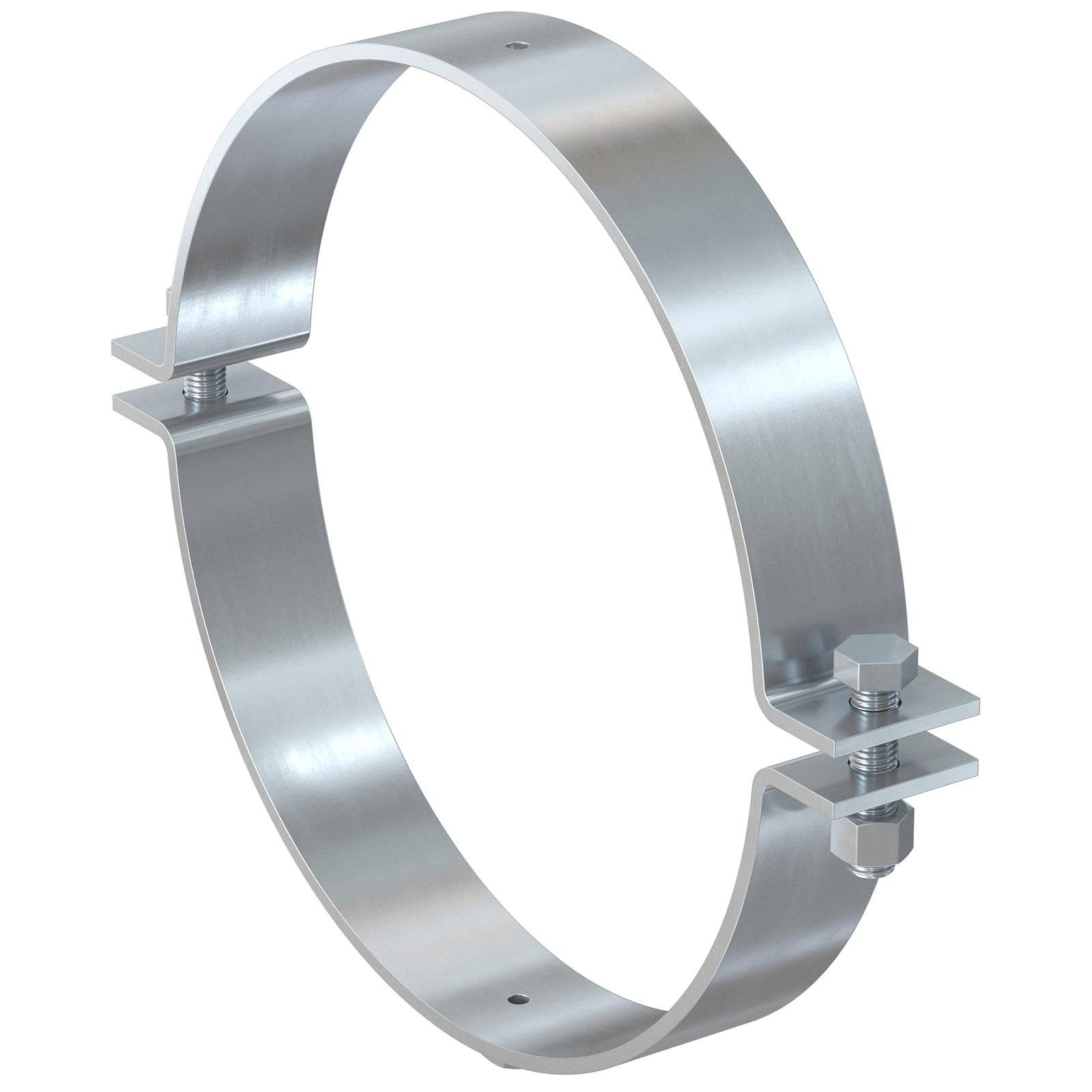 Eine kreisförmige Metallhalterung mit Schraub- und Befestigungsbolzen, die zum Befestigen von Rohren oder Schläuchen verwendet wird.