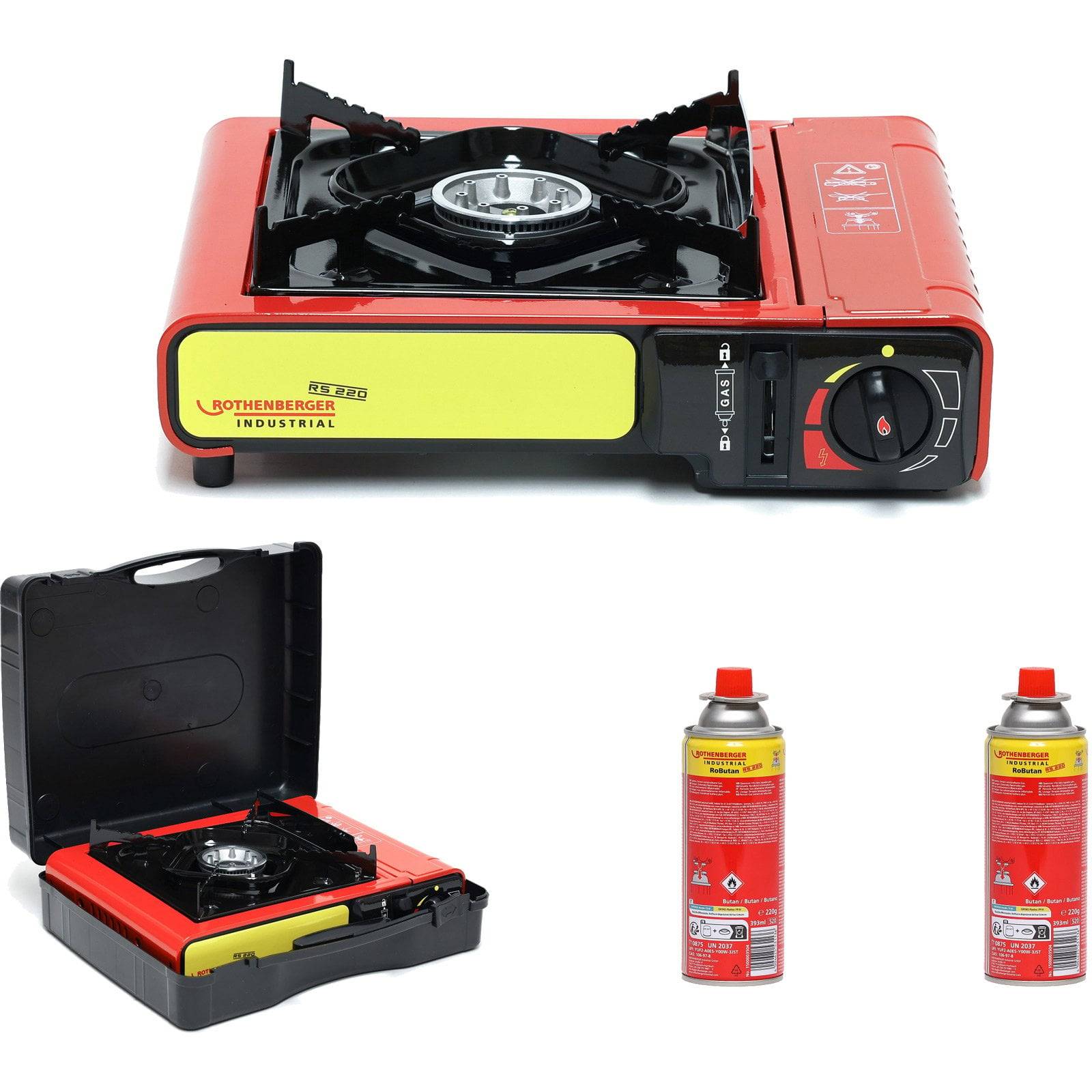 Tragbarer roter und gelber Gasherd mit schwarzem Brenner, daneben ein schwarzer Koffer und zwei rote Gaskanister.