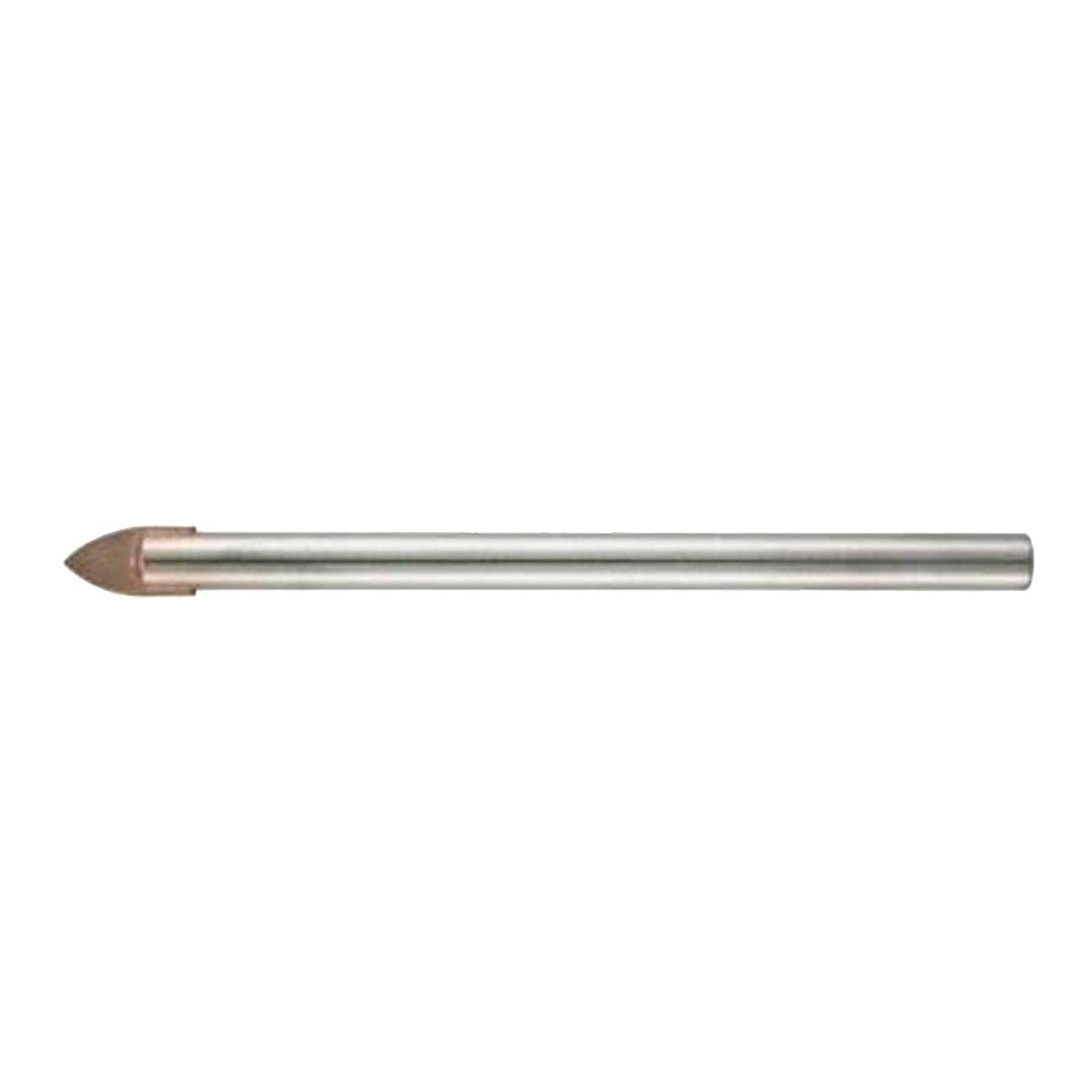 Ein Metallbohrer mit einer spitzen Spitze, der zum Durchdringen harter Materialien verwendet wird, horizontal vor einem einfarbigen Hintergrund dargestellt.