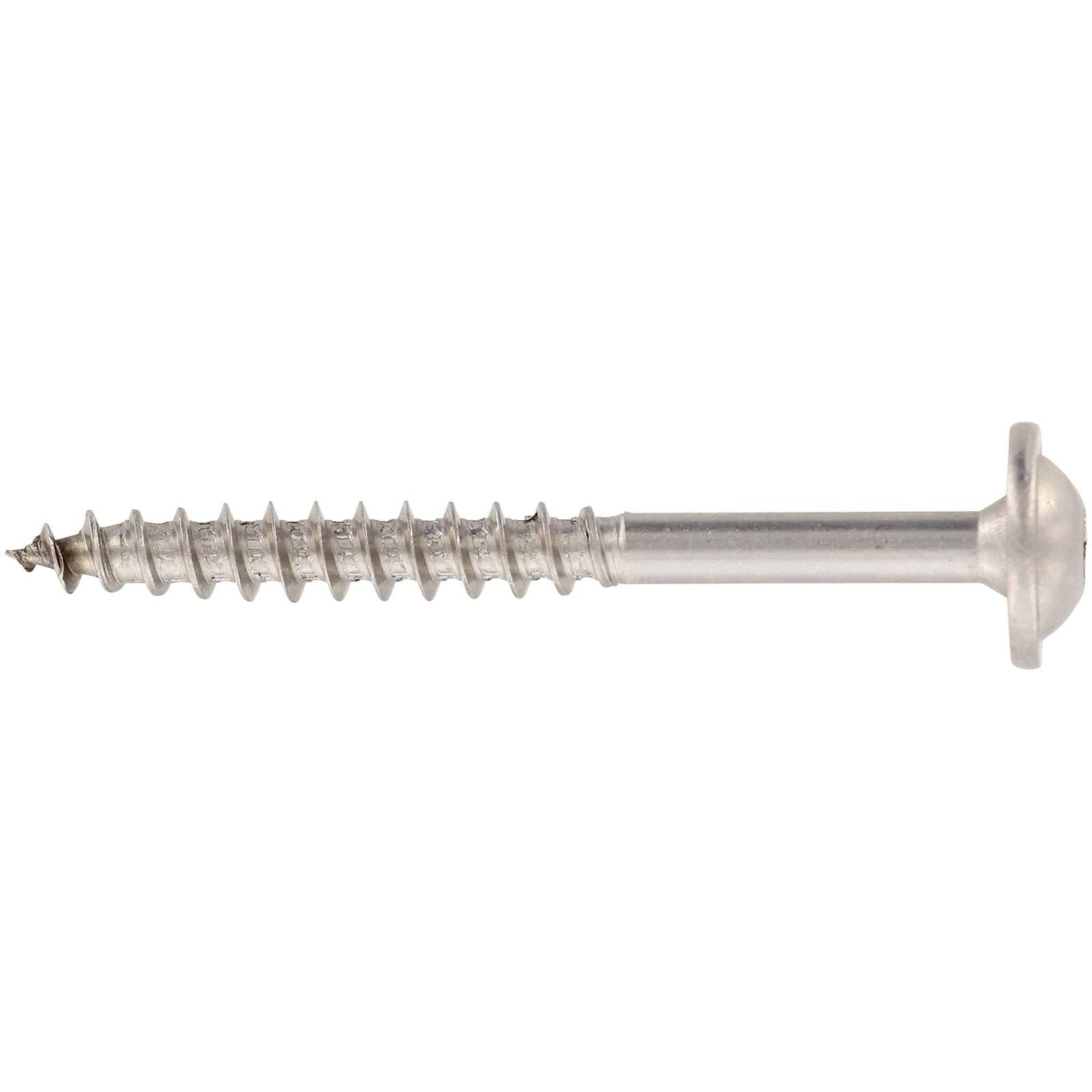 Ein Nahaufnahmebild einer einzelnen Metallschraube mit rundem Kopf und gewindeter Körperform, die zum Befestigen von Objekten verwendet wird.