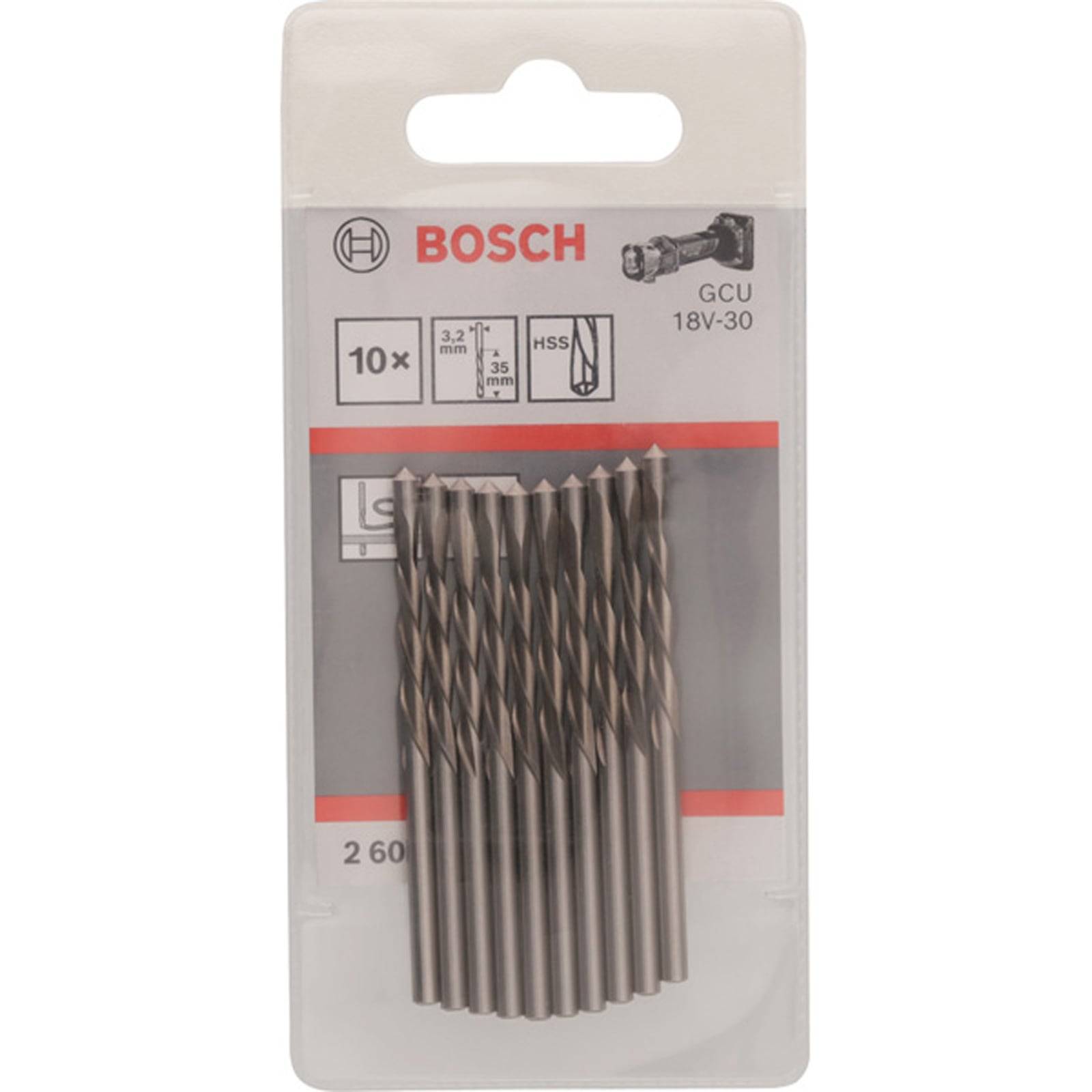 Eine Kunststoffverpackung mit zehn Bosch HSS-Bohrern, mit einer Größe von 3,2 mm, geeignet für Holz. Die Verpackung ist mit 'GCU 18V-30' gekennzeichnet.