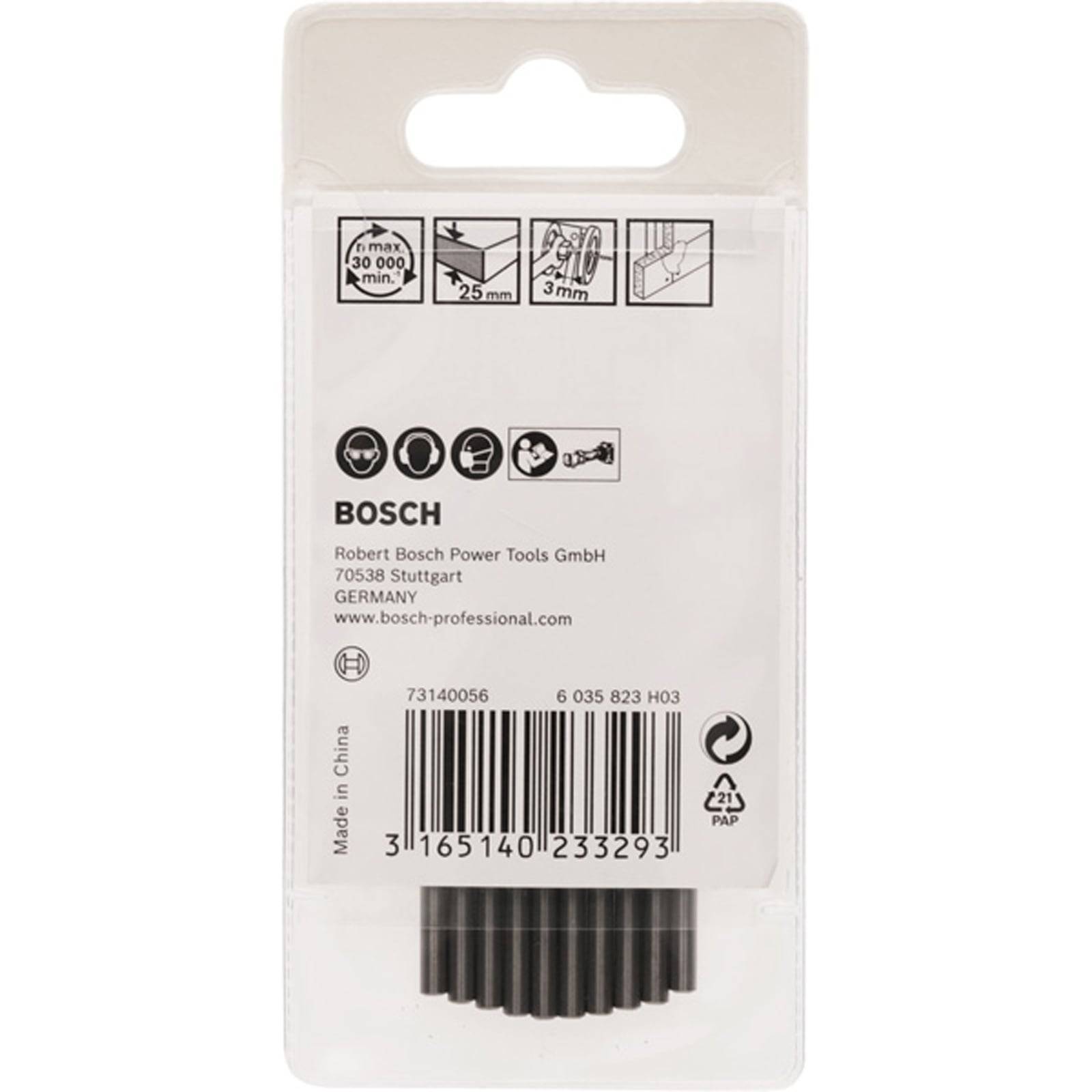 Verpackung der Marke 'Bosch' für Rotationswerkzeug-Zubehör, mit Angabe der Maximalgröße: 30.000 U/min, 2,5 m (ca. 8 Fuß) Länge, 3 mm Breite.