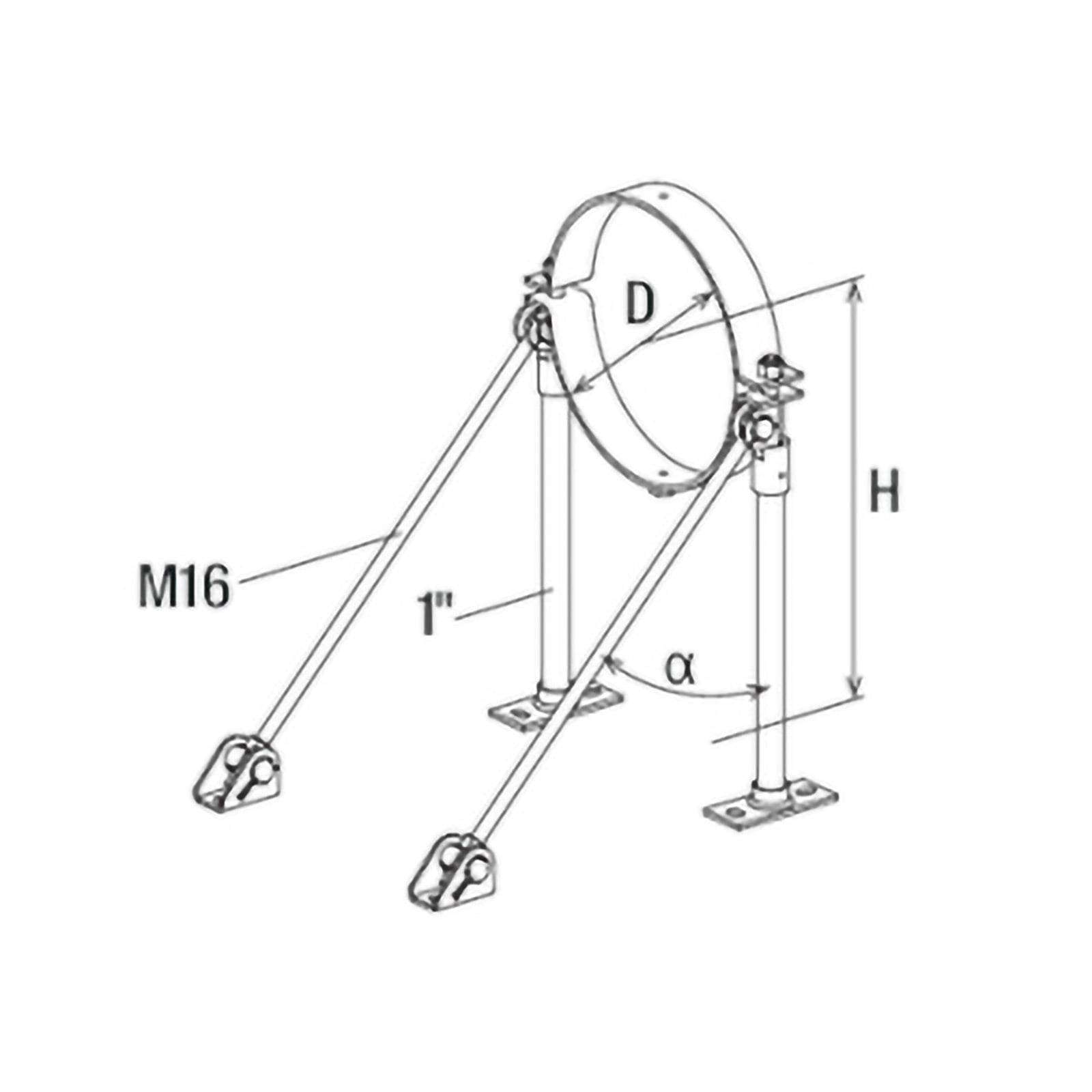 Diagramm einer Rohrstütze mit Grundplatten, beschriftet mit 'D', 'H', 'α', 'M16' und '1