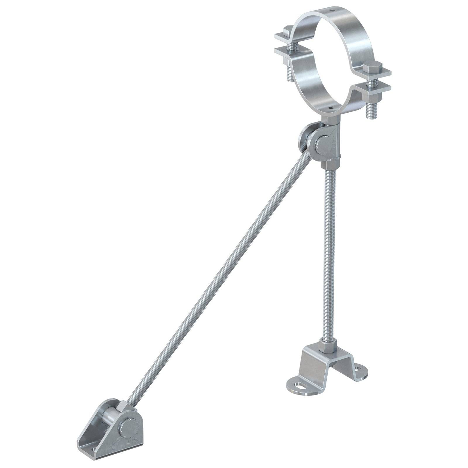 Eine Metallhalterung mit einer Rohrschelle und einem verstellbaren Stab zum Befestigen von Rohrleitungen.