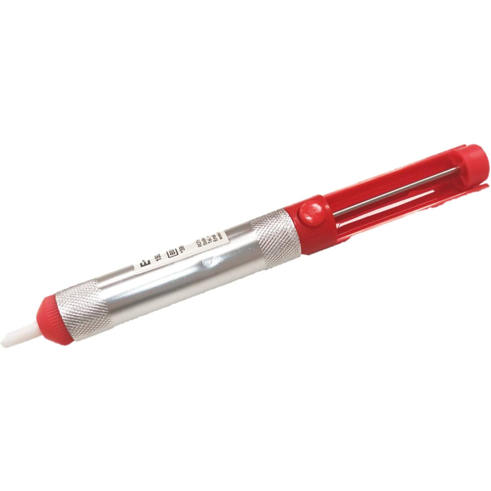 Eine rote und silberne Metallentlötpumpe mit zylindrischem Körper und einer federbetätigten Absaugmechanik vor einem weißen Hintergrund.