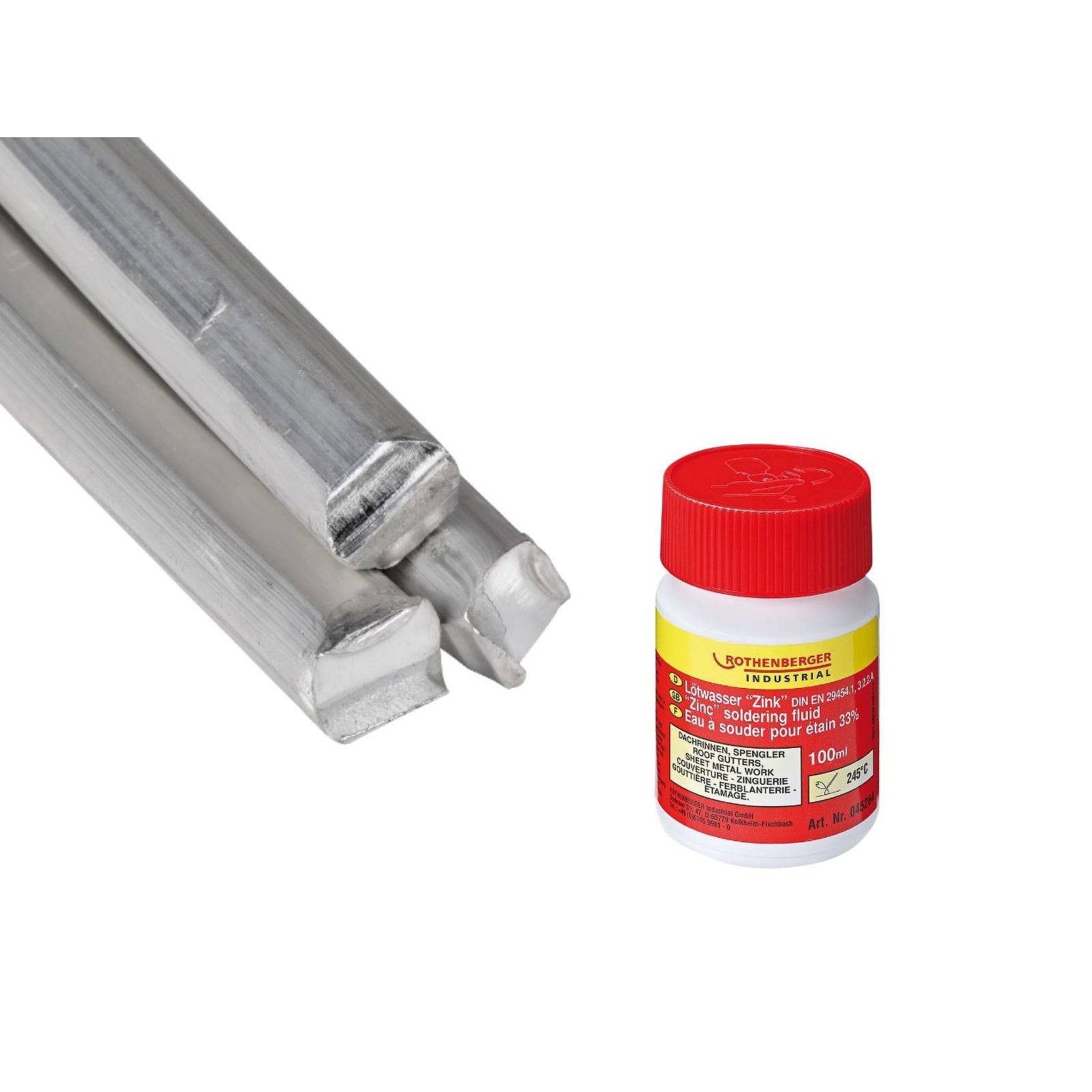 Löt-Set mit drei Metallstäben und einer kleinen Flasche Flussmittelpaste. Die Flasche hat einen roten Deckel und ein rotes Etikett mit Text und Symbolen.