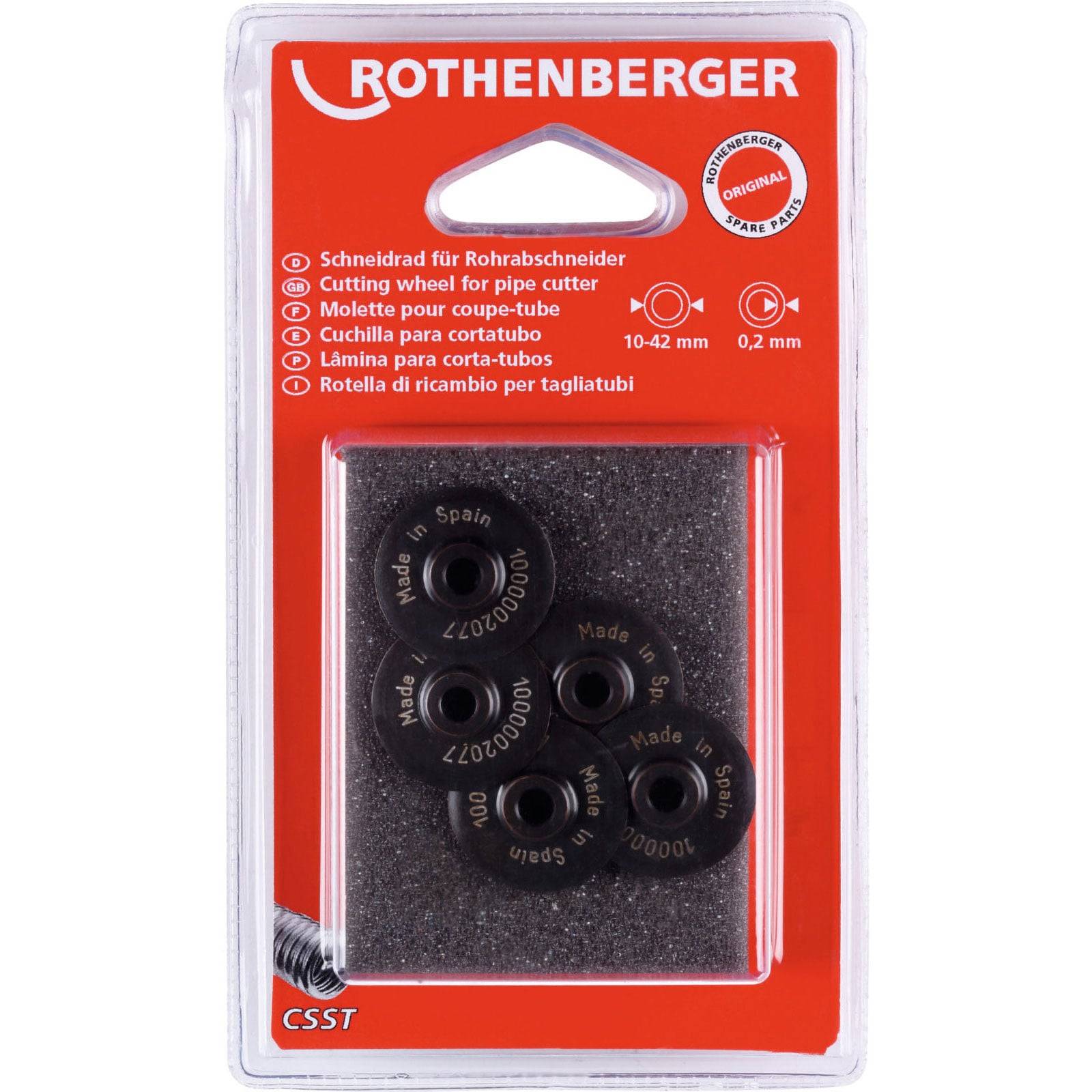 Rothenberger Schneidradset-Verpackung mit fünf schwarzen Rädern für Rohrabschneider. Spezifikationen: 10-42mm, 0,2mm.
