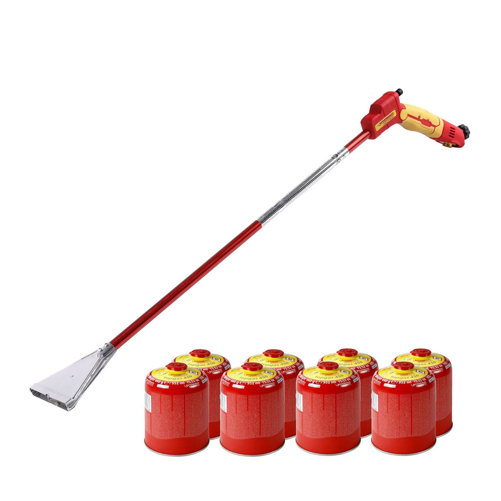 Rote Gasbrenner-Lanze mit verstellbarem Griff und sechs roten Gaskanistern darunter, konzipiert für Garten- oder Bauarbeiten.