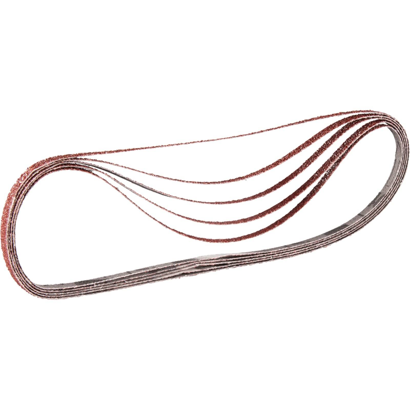 Ein Schlaufenset aus rötlich-braunen Schleifbändern, die in industriellen oder holzverarbeitenden Anwendungen zum Glätten von Oberflächen verwendet werden.