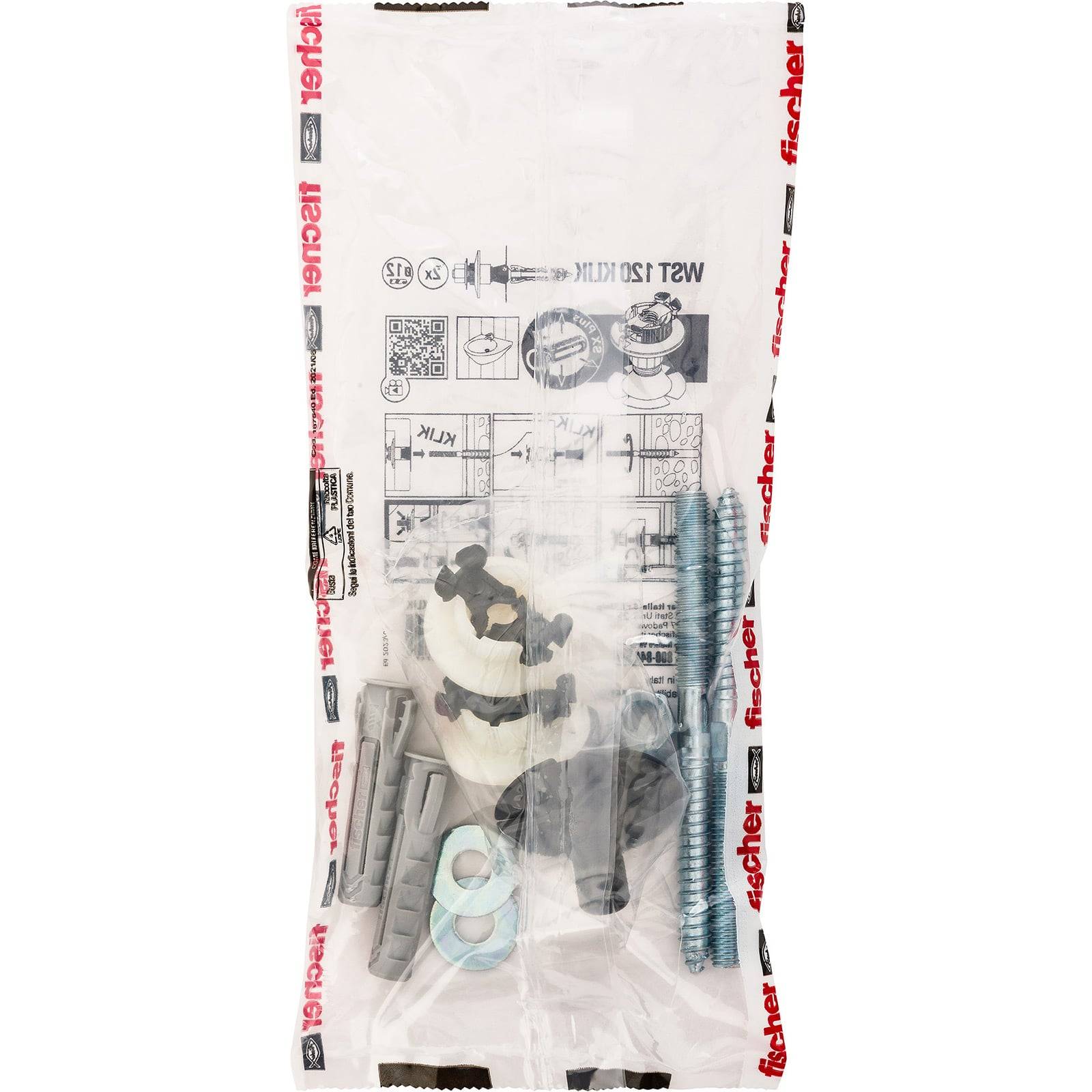 Ein durchsichtiger Plastikbeutel mit verschiedenen Dübeln, Schrauben und Unterlegscheiben, der mit der Markenbezeichnung 'fischer' und einem QR-Code auf der Verpackung beschriftet ist.