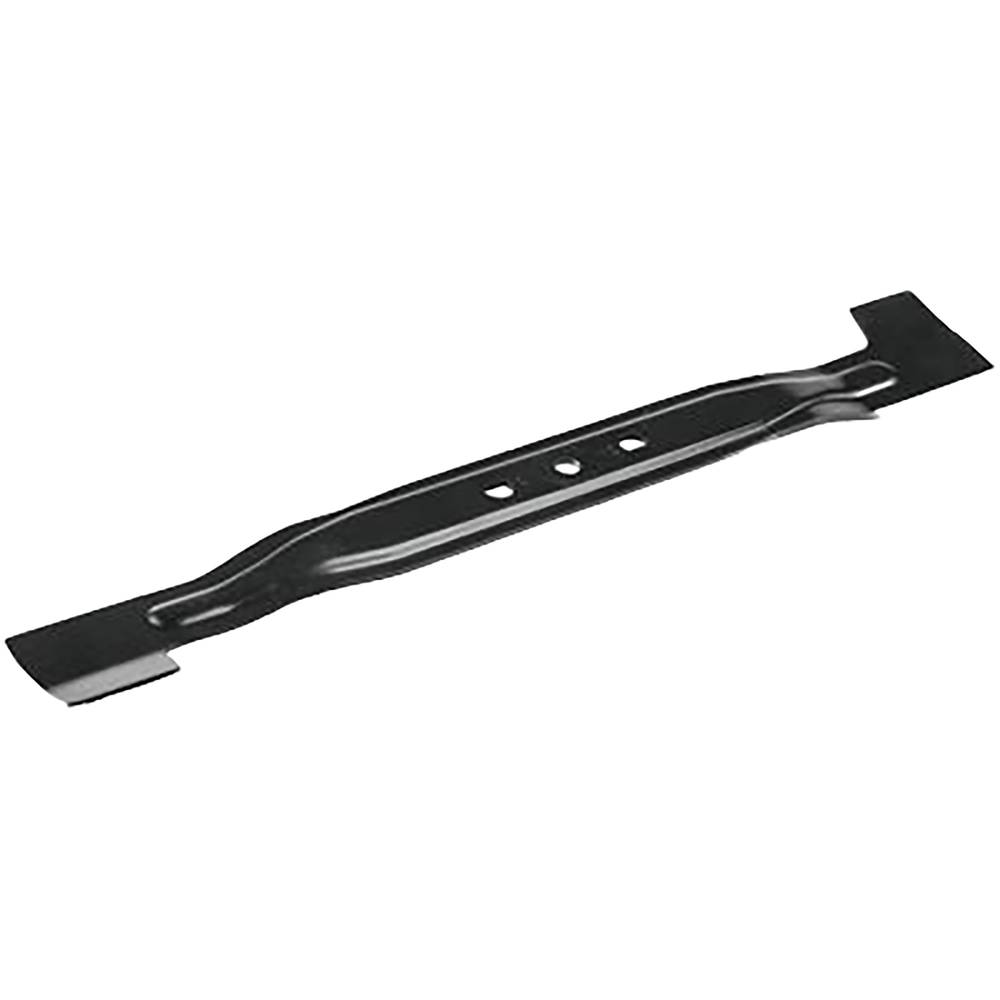 Ein schwarzes Metallmähermesser mit drei Befestigungslöchern und abgewinkelten Schneidekanten auf weißem Hintergrund.