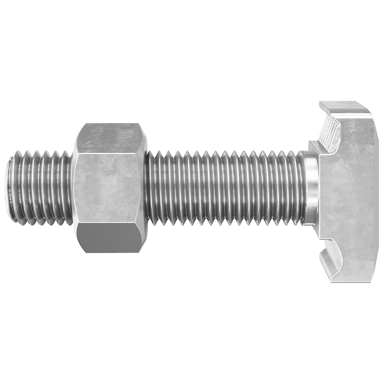 Eine silberne Metallsechskantschraube und eine Mutter, die den gewindeten Schaft und den sechseckigen Kopf zeigt. Die Schraube ist teilweise durch die Mutter geschraubt.