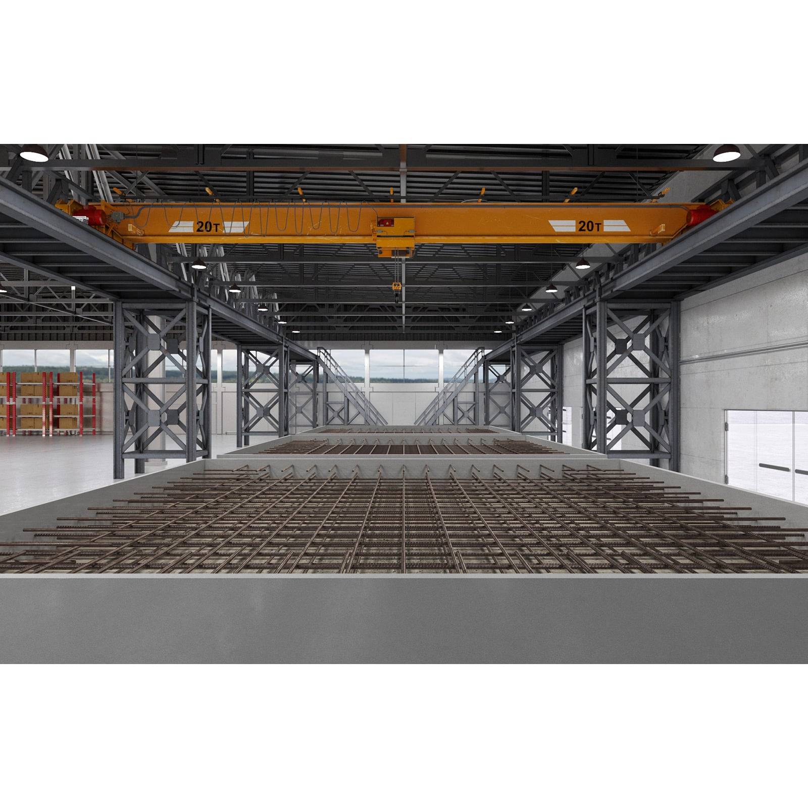 In einem Industrielager stützen große Metallstrukturen und Träger Overhead-Krane. Der Raum wirkt weitläufig und geordnet.