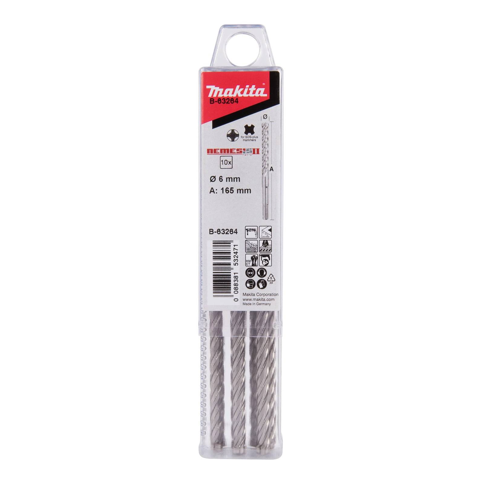 Makita B-83284 3-teiliges Bohrerset-Verpackung mit 8 mm hartmetallbeschichteten Bohrern für bewehrten Beton.