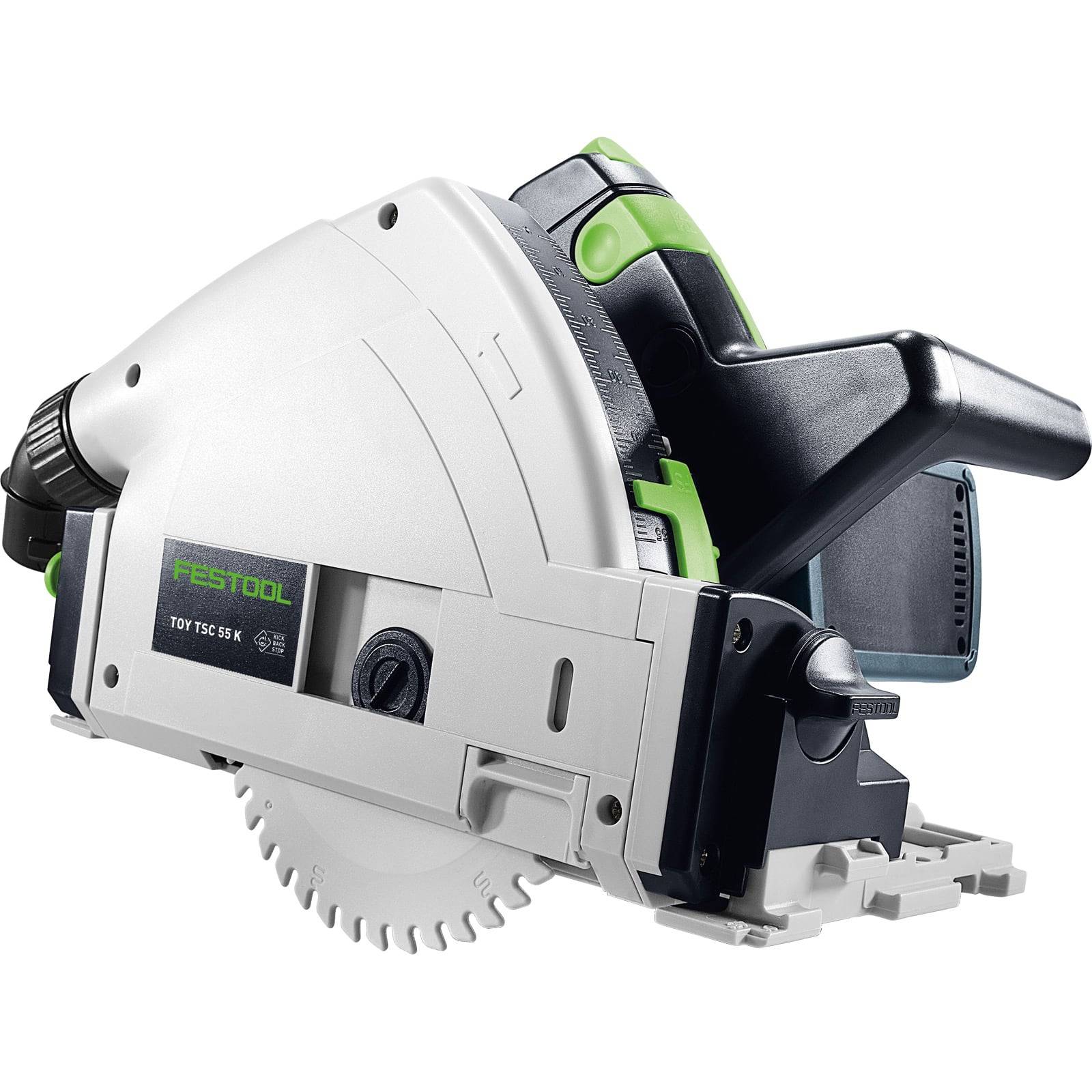 Eine Festool TSC 55 K kabellose Führungskreissäge mit einem weiß-schwarzen Design, ausgestattet mit einem grünen Einstellknopf, geeignet für präzise Holzschnitte.