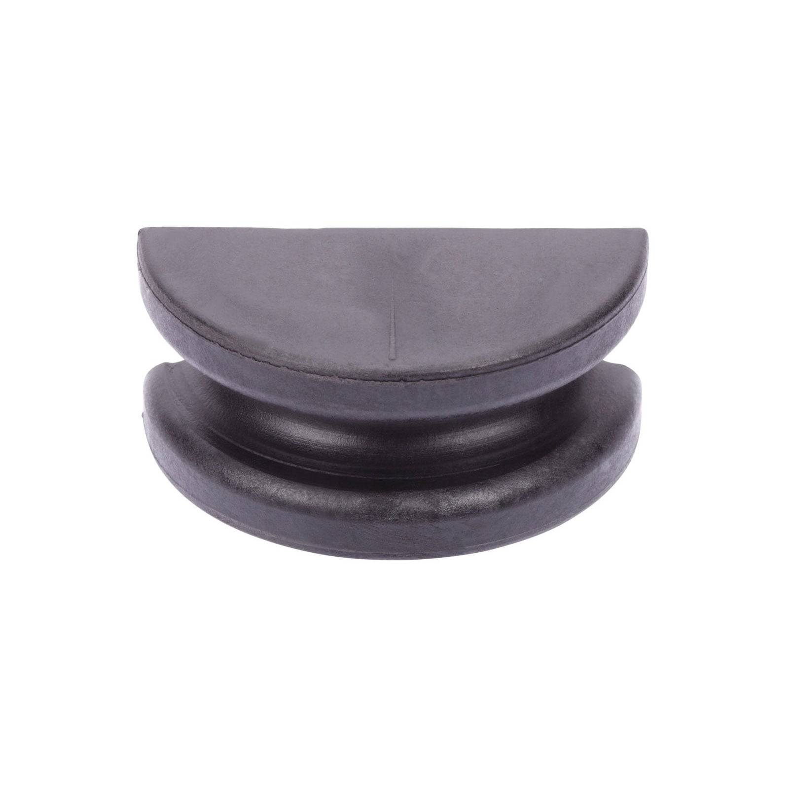 Ein schwarzer Gummistopper in Form eines Halbmondes, wahrscheinlich verwendet, um Tür- oder Möbelschäden zu verhindern, vor einem weißen Hintergrund abgebildet.