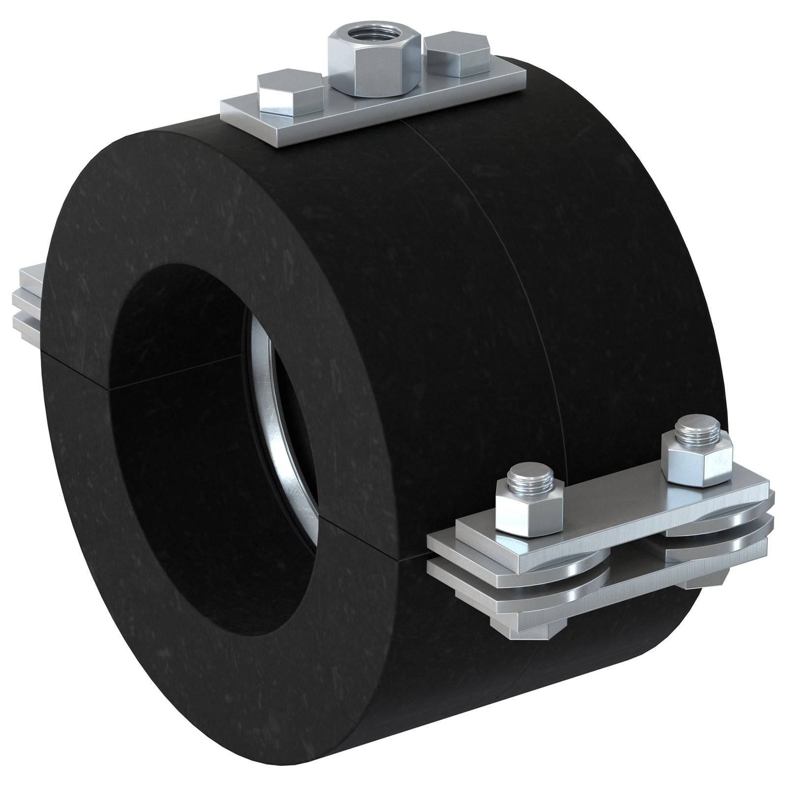 Eine schwarze zylindrische Rohrverbindungsmuffe mit Metallhalterungen und Schrauben oben und an den Seiten, entwickelt für eine sichere Verbindung in Sanitär- oder industriellen Systemen.