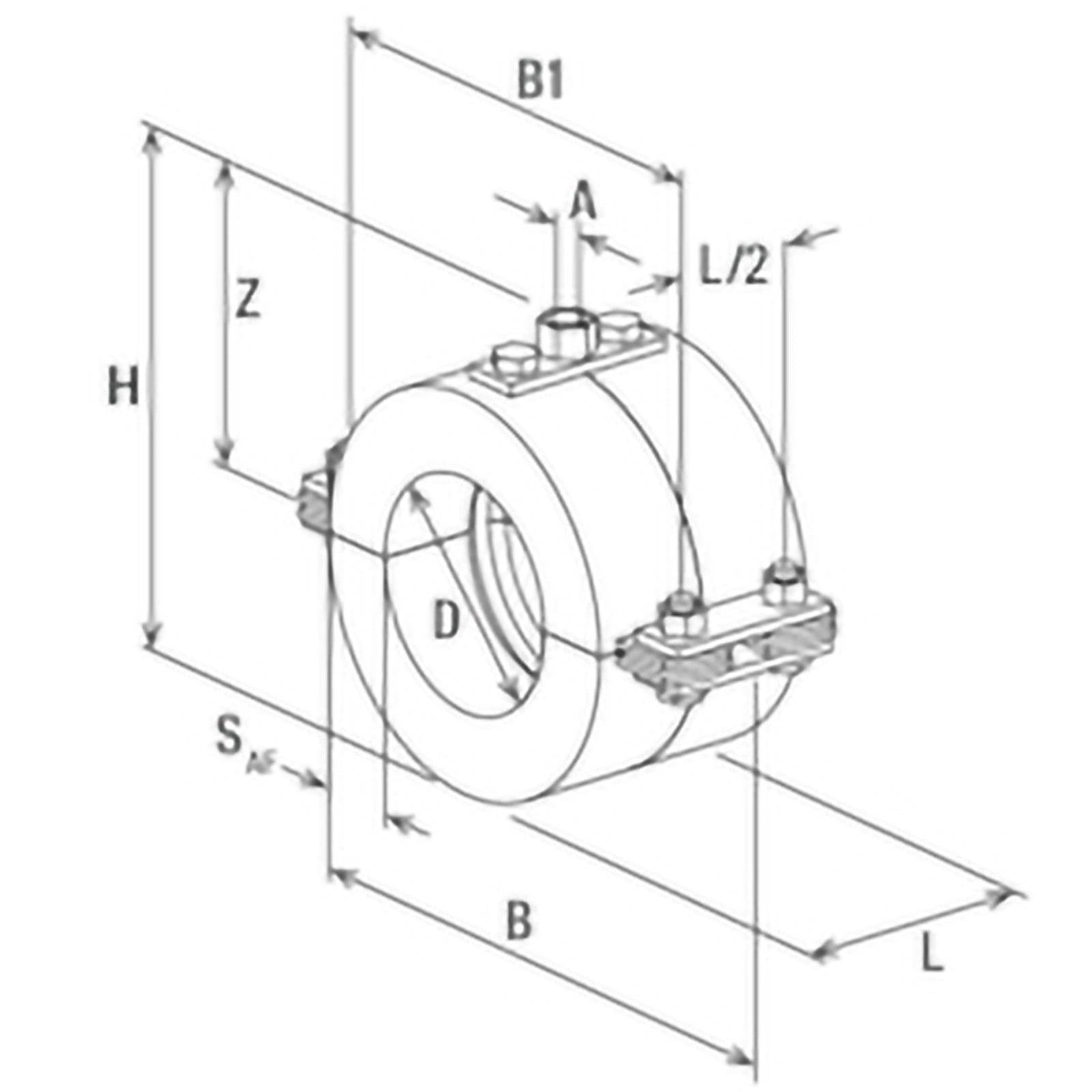Technische Zeichnung einer Rohrklemme mit beschrifteten Abmessungen: H, Z, B, B1, D, L/2, A. Scheint Maßangaben für die Installation zu spezifizieren.