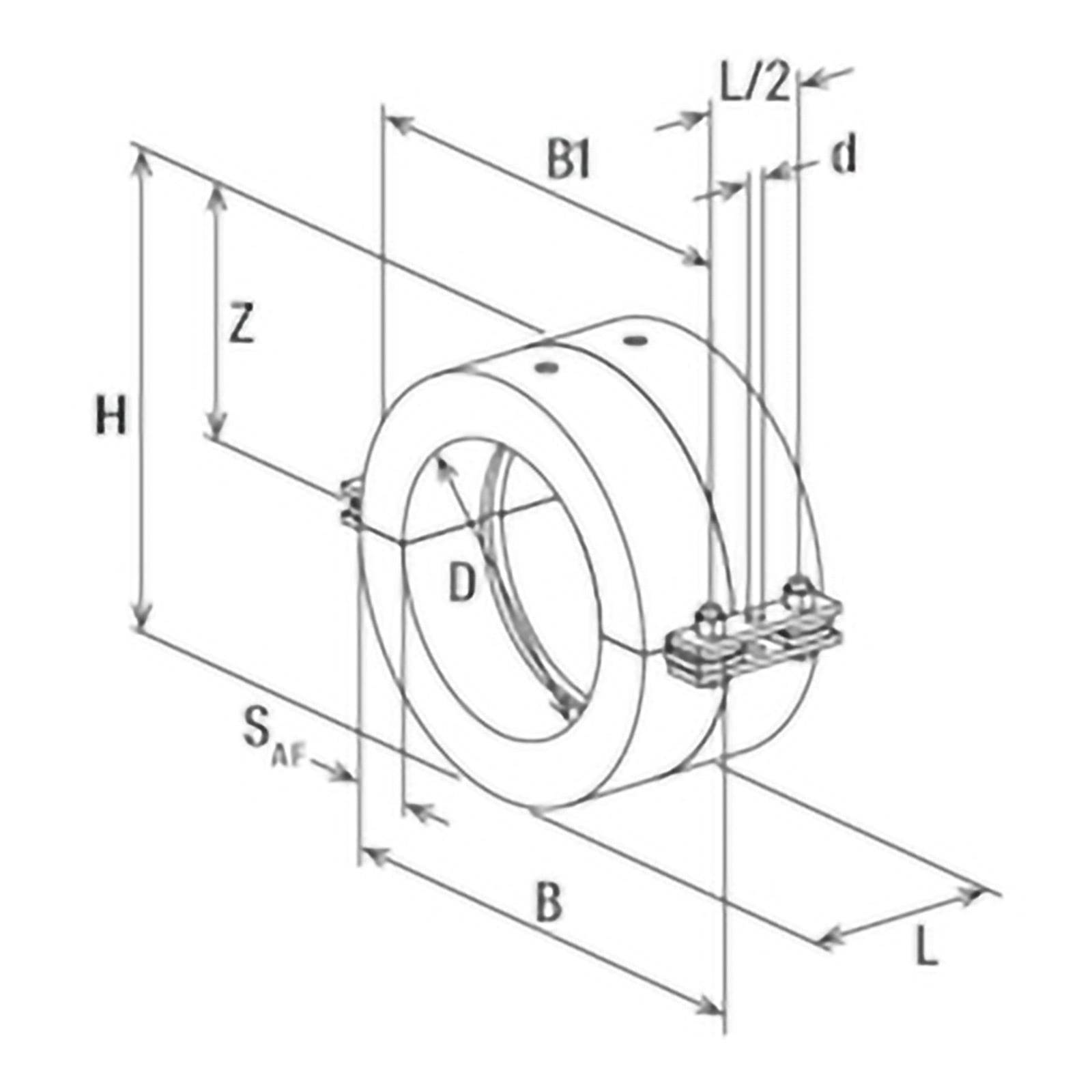 Technische Zeichnung eines zylindrischen Objekts mit beschrifteten Abmessungen: B, B1, D, H, L, L/2, S_AF, Z, d. Enthält Schrauben und Schnittansicht.