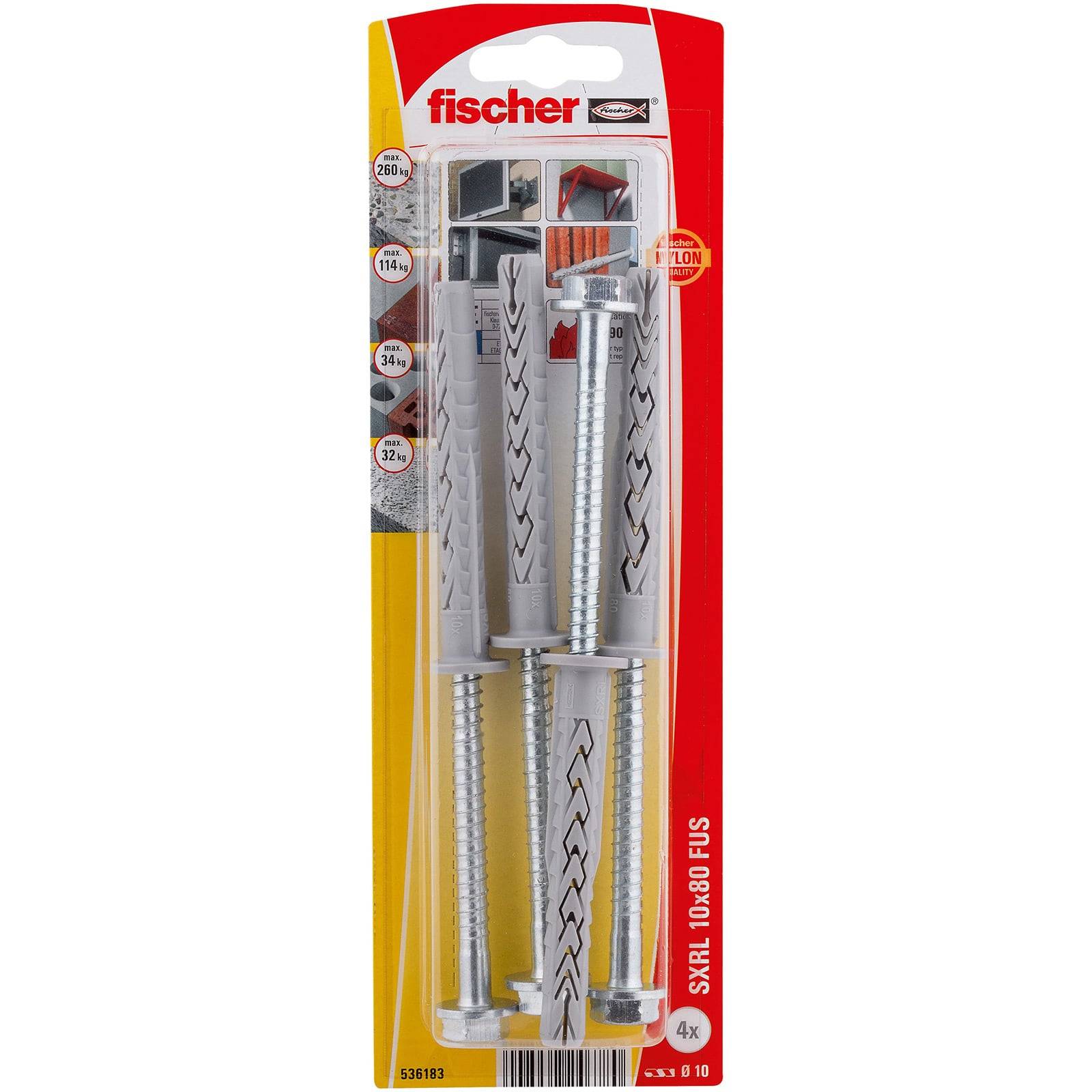Verpackung von Fischer SXRL 10x80 Ankerbolzen, mit vier Metallbolzen und grauen Kunststoffankern zur sicheren Befestigung.