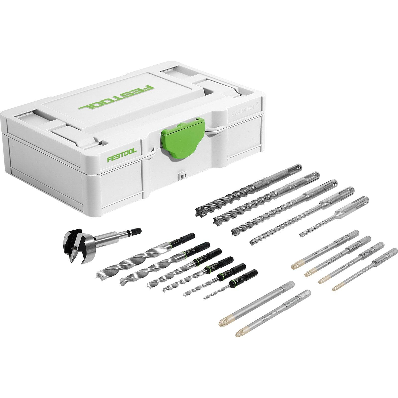 Ein Festool-Bohrersatz mit verschiedenen Bohrern und einem weißen Aufbewahrungskoffer. Die Bohrer umfassen Holz-, Mauerwerk- und Metallbohrer, sorgfältig und übersichtlich angeordnet.