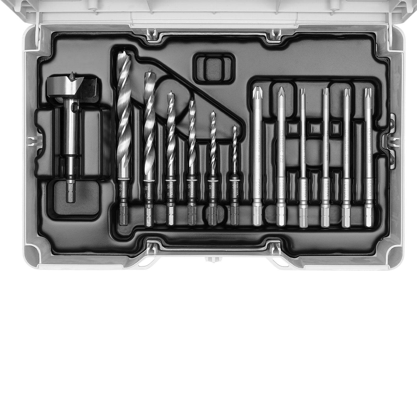 Ein Satz Metallbohrer in verschiedenen Größen, organisiert in einem Kunststoffkoffer, zum Bohren von Löchern in verschiedenen Materialien.