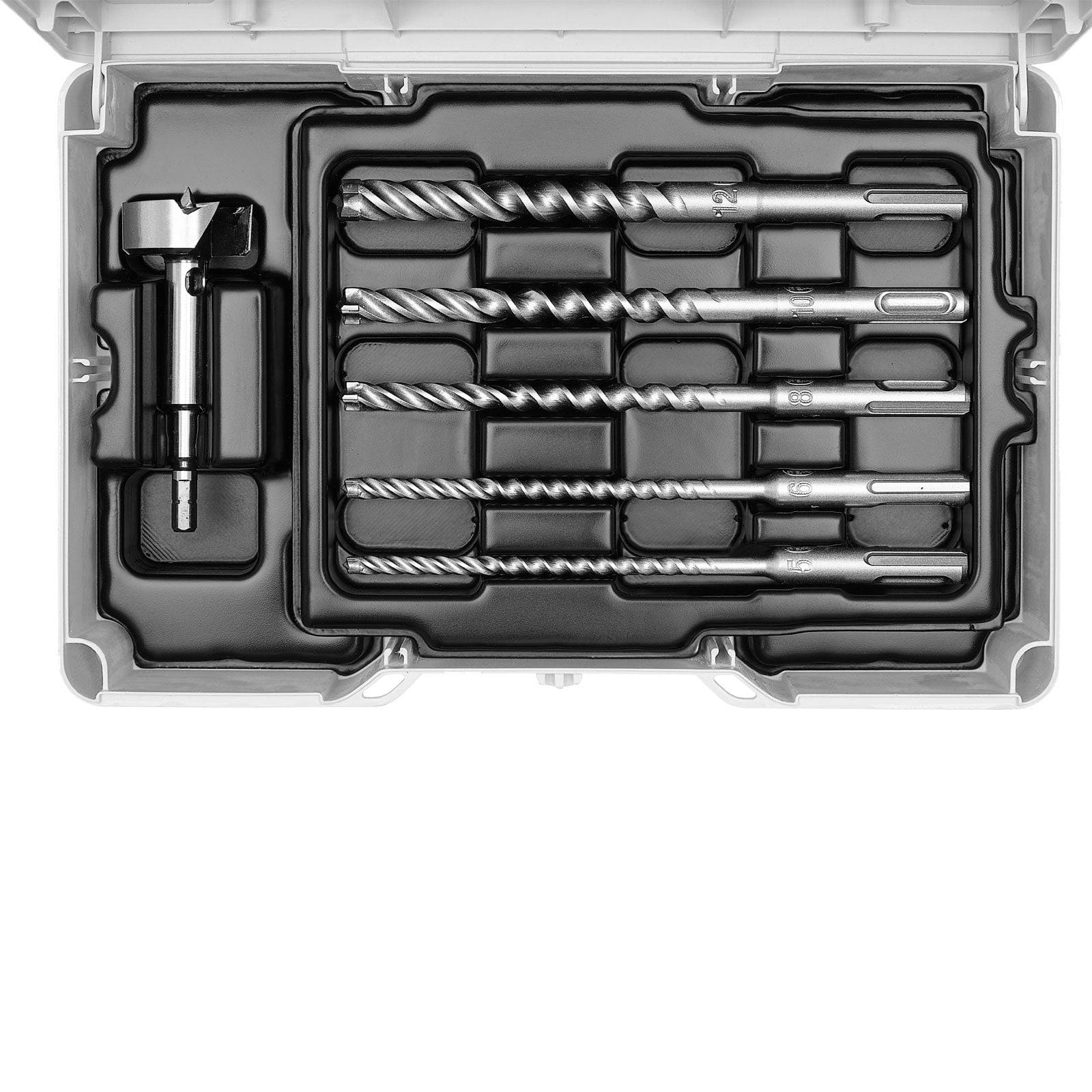 Bohrersatz in einer Etui, der verschiedene Größen umfasst. Enthält Standard-Spiralbohrer und einen flachen Holzbohrer, ordentlich angeordnet.
