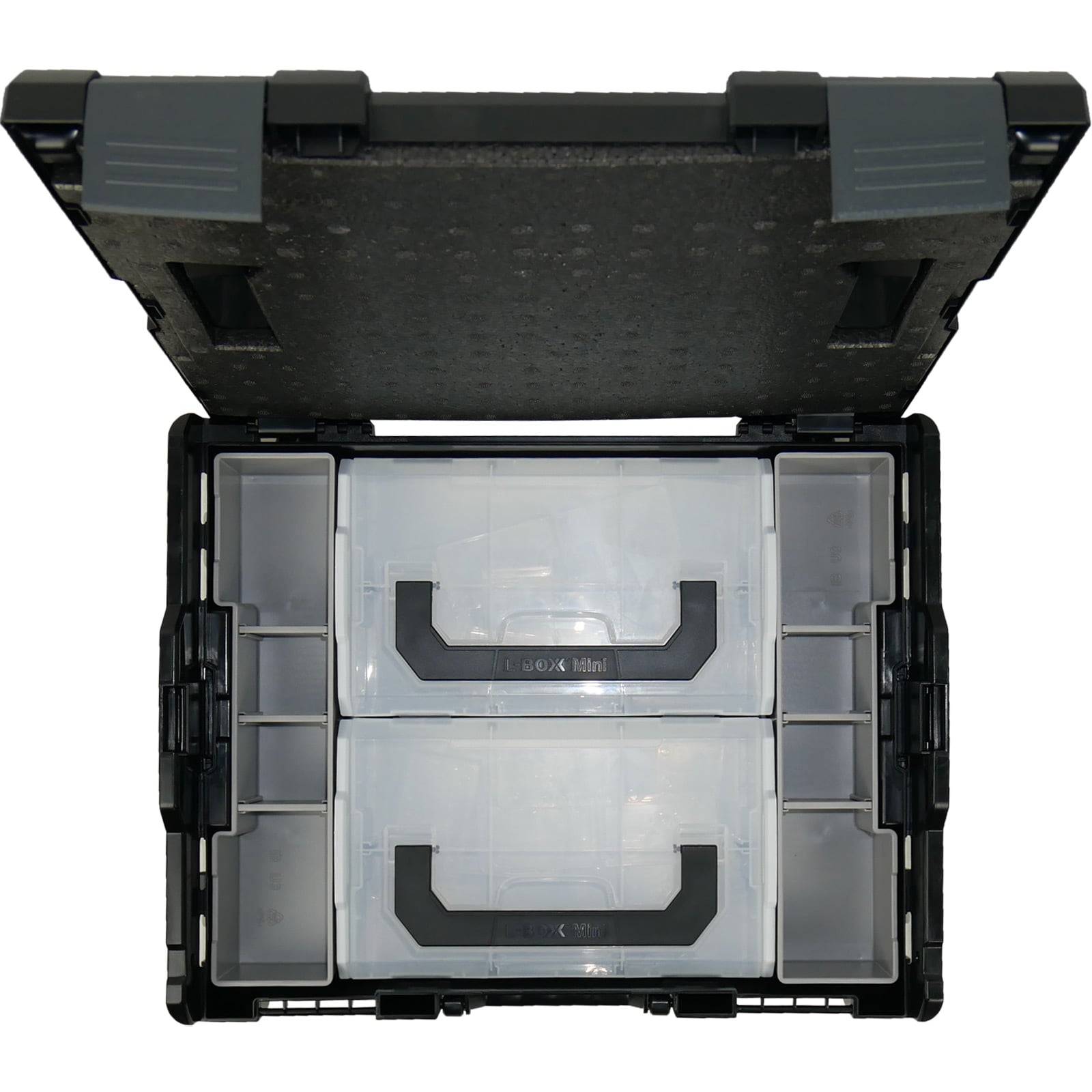 Draufsicht einer offenen schwarzen Aufbewahrungsbox mit zwei transparenten, mit Deckeln versehenen Fächern, die jeweils einen schwarzen Griff haben.