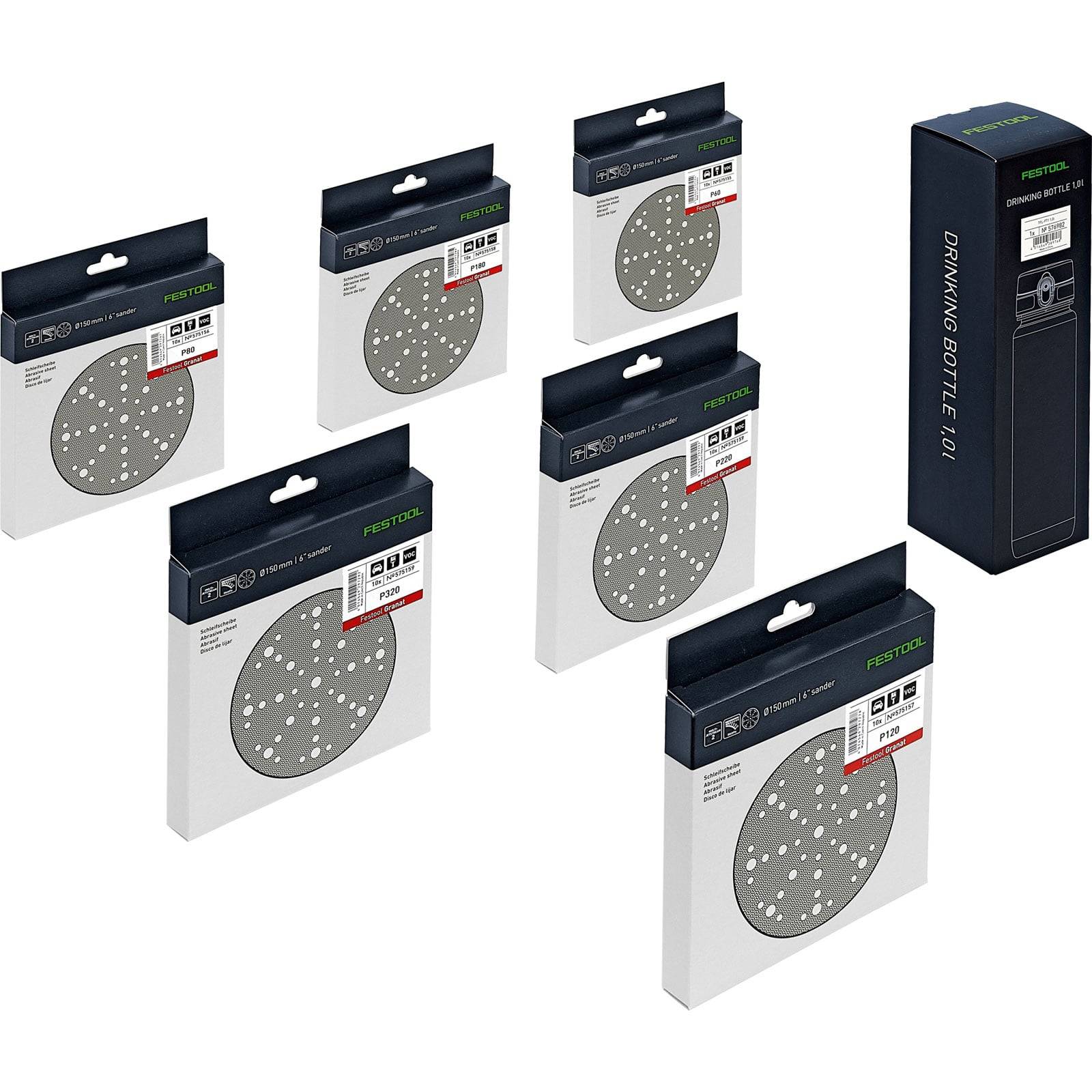 Mehrere verpackte Schleifscheiben und ein Trinkflaschendeckel werden vor einem weißen Hintergrund präsentiert. Die Scheiben stammen von Festool.