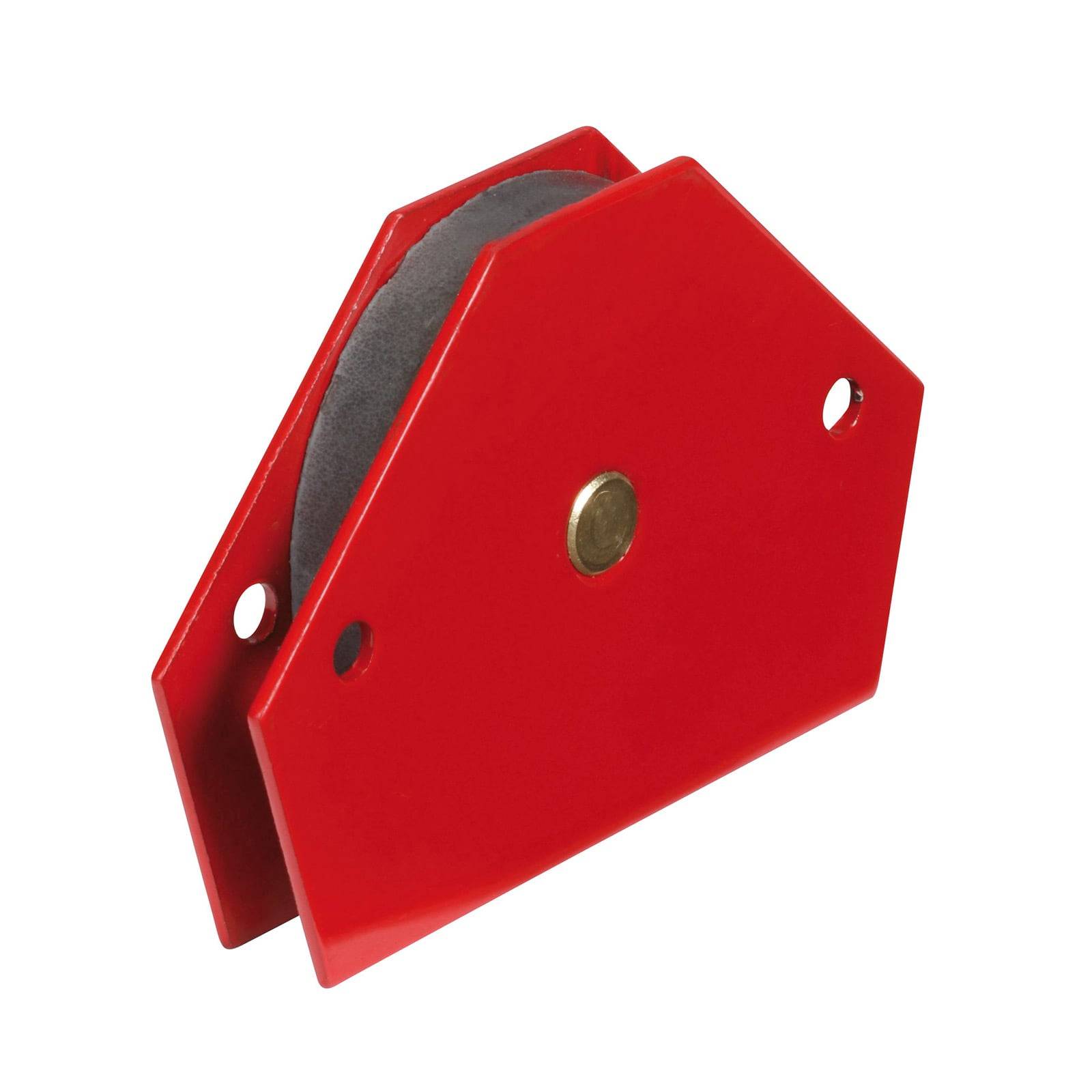 Ein roter magnetischer Schweißhalter mit sechseckiger Form und einem zentralen schwarzen Magneten zum Sichern von Metallteilen während Schweißvorgängen.